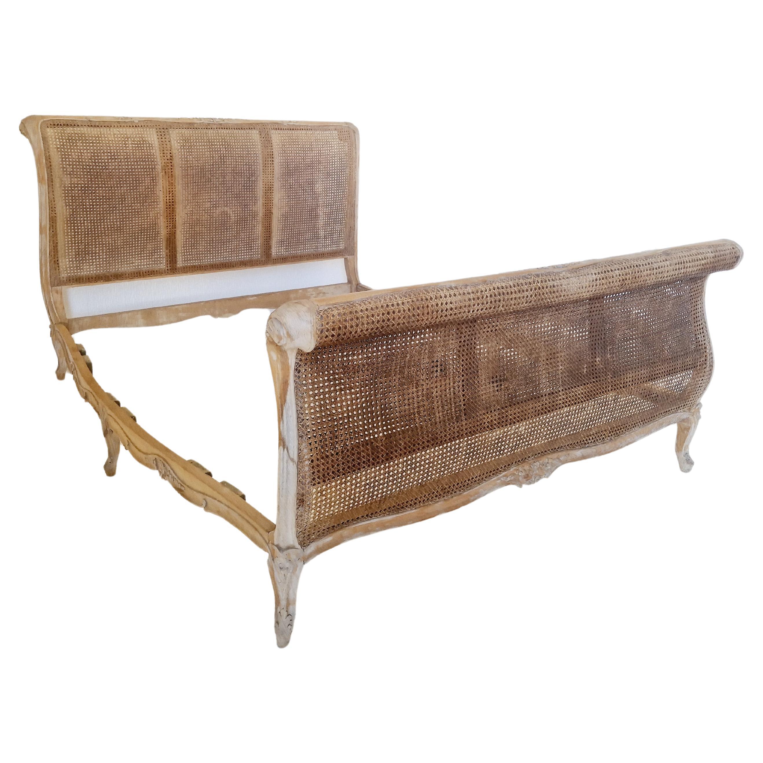 Antique French Cane Bed Louis XV Sleigh Style For Sale