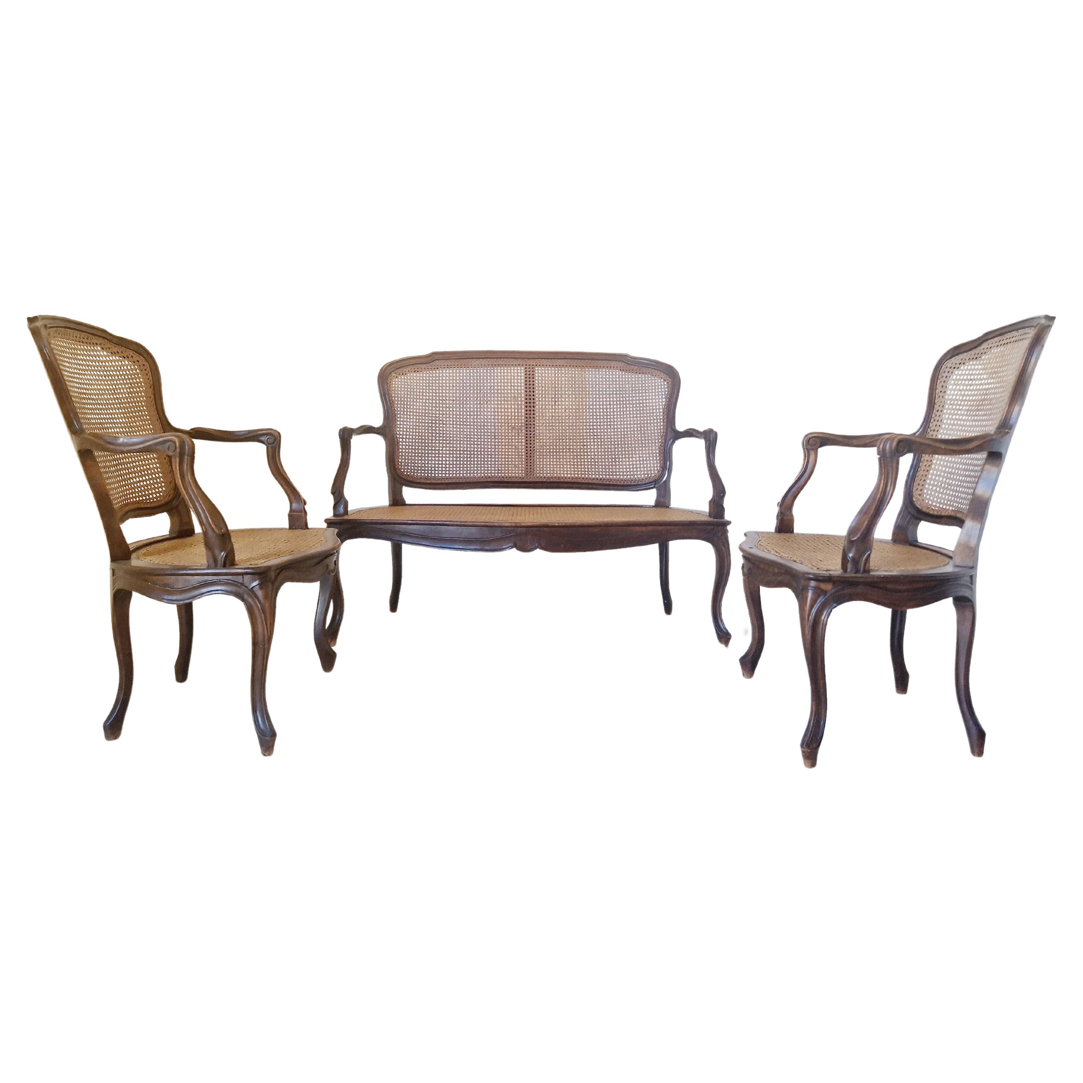 Antique French Cane Living Room Set Louis XV For Sale
