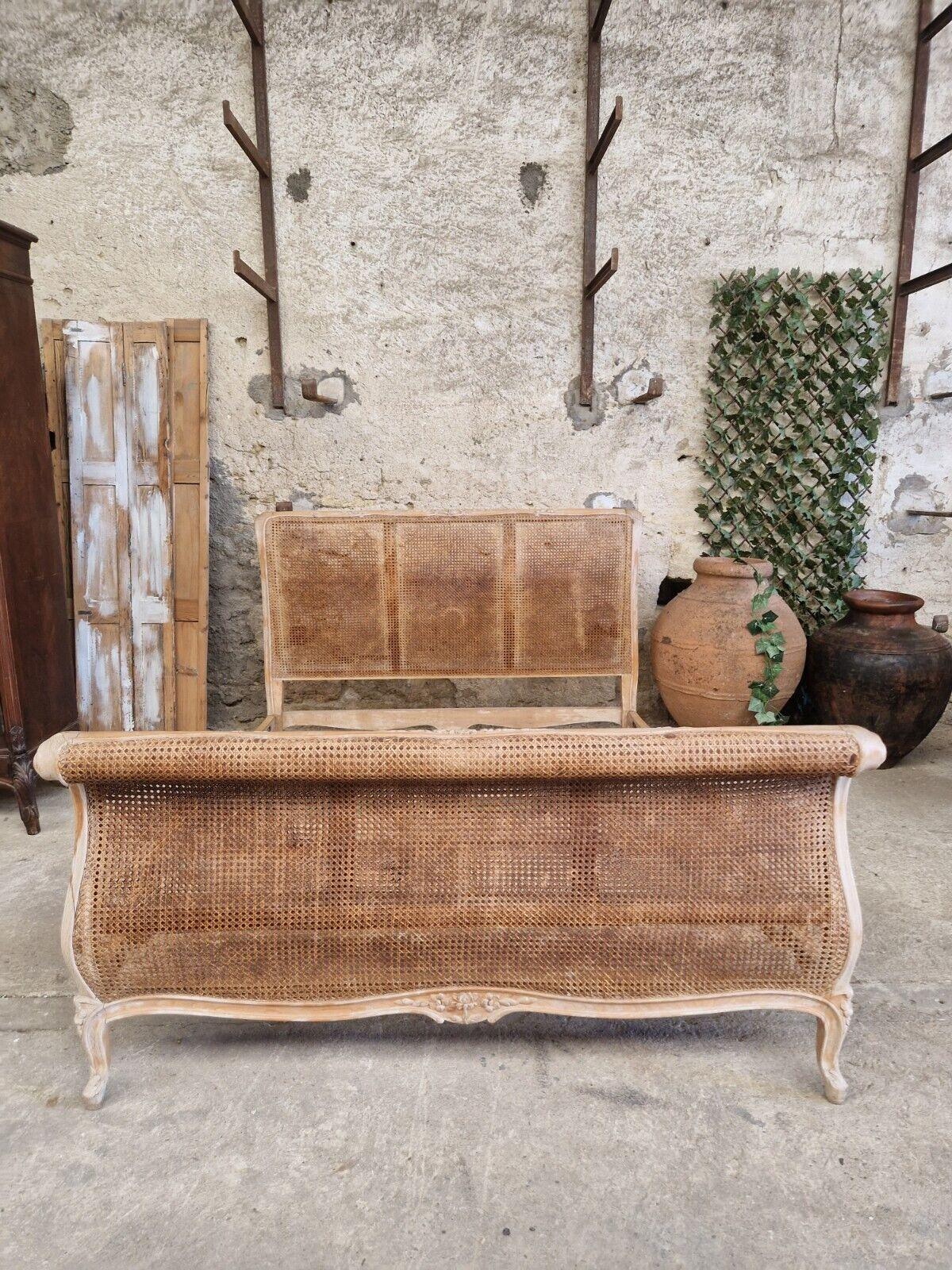 Carved Antique French Cane Sleigh Bed Louis XV  For Sale