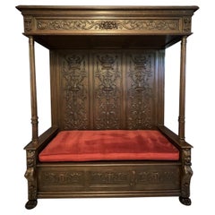 Antique French Canopy Hall Bench Large Renaissance Cathedral Carved Oak c1860