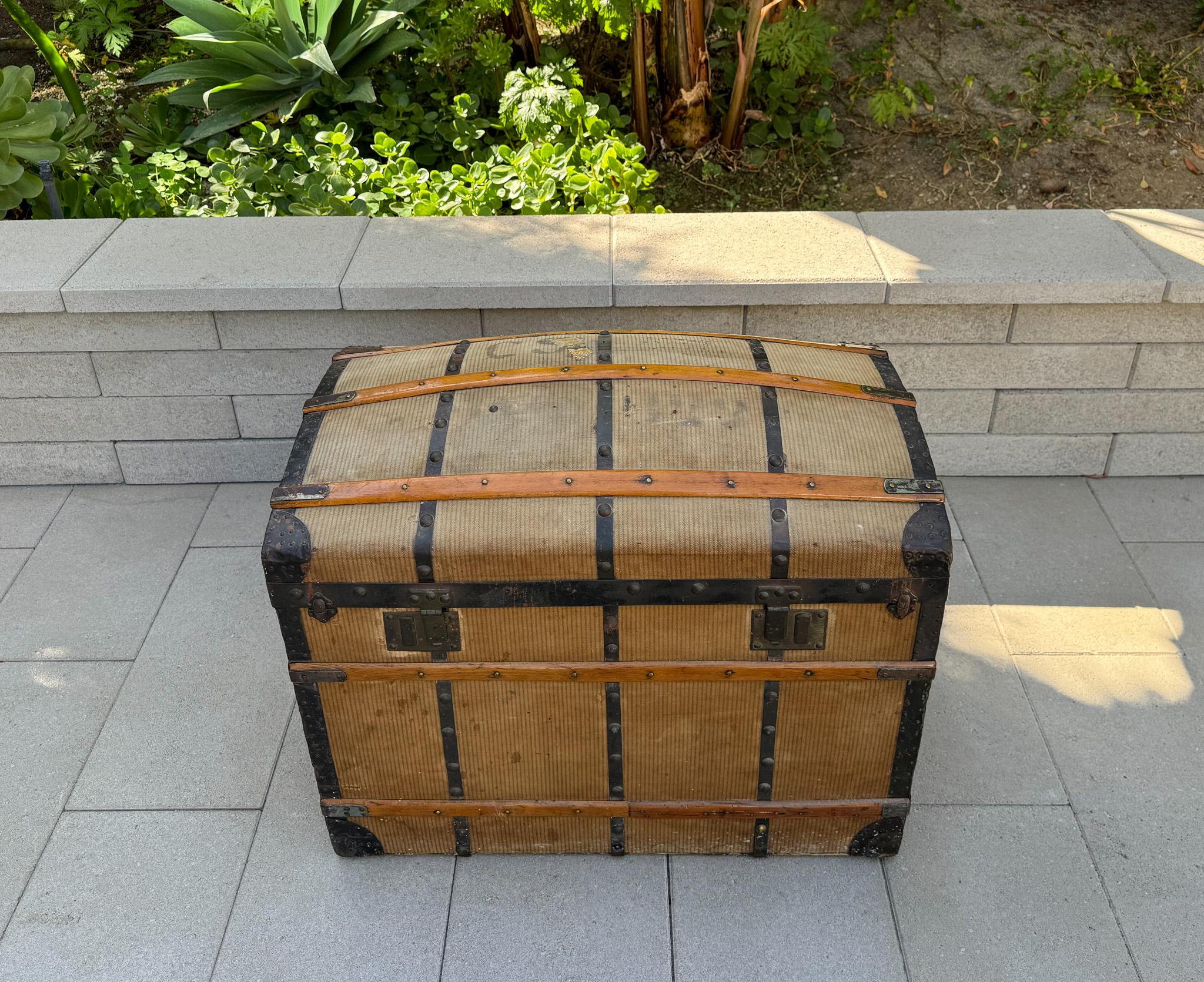 Antique French Canvas Dome Top Trunk, France, 19th Century. 