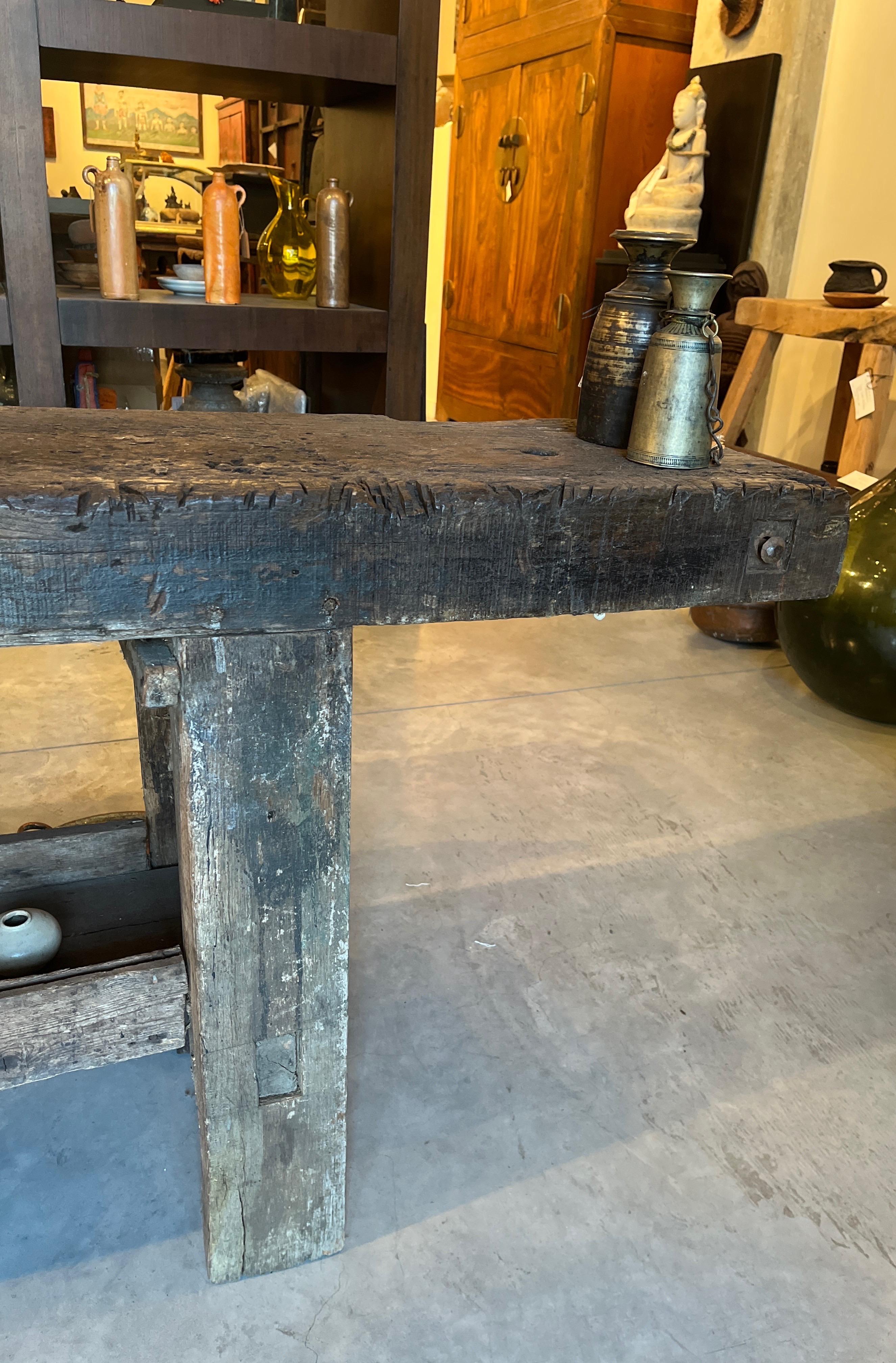 Antique French Carpenter's Table with Thick Top and Great Patina 8