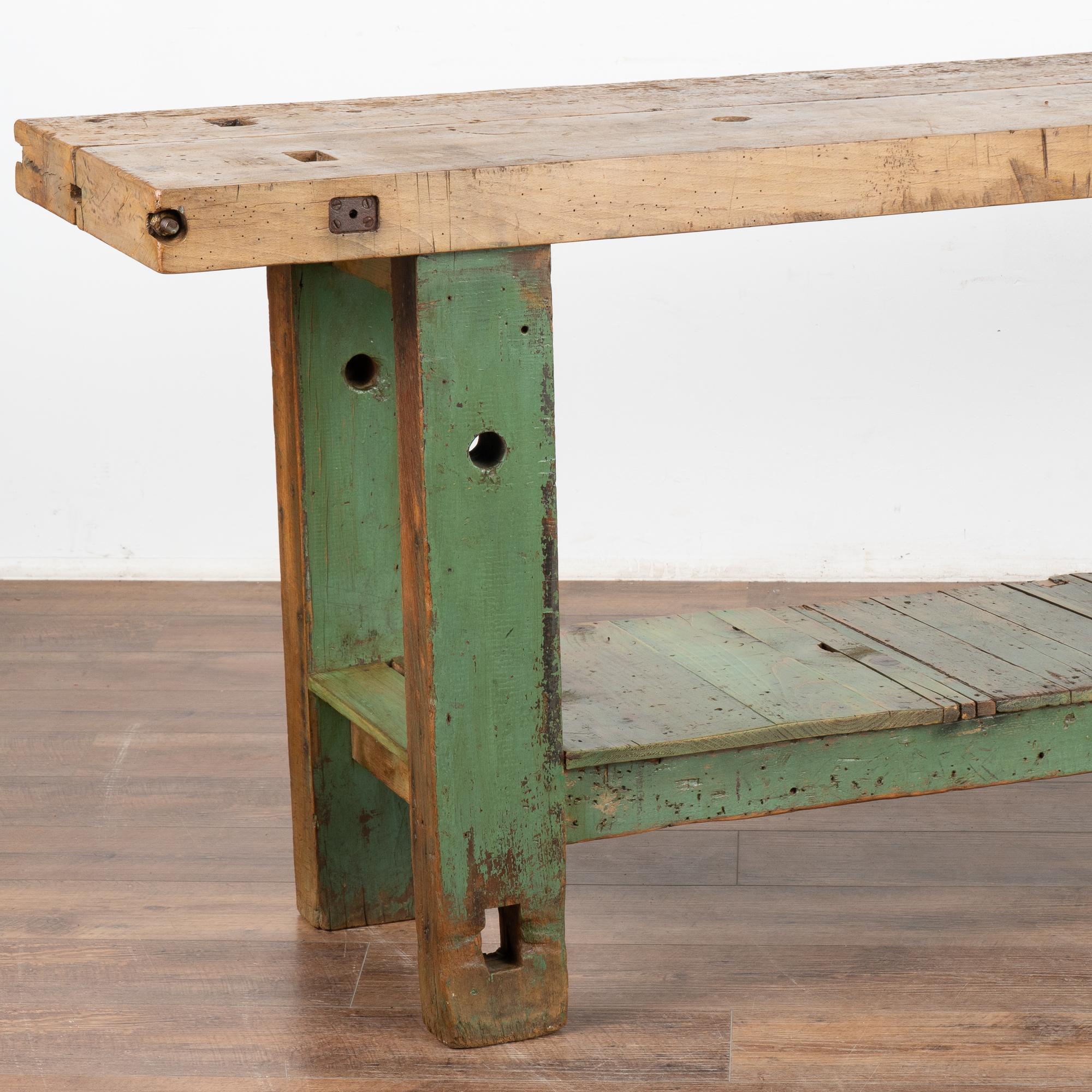 Antique French Carpenter's Workbench Rustic Console Table with Shelf, circa 1900 5