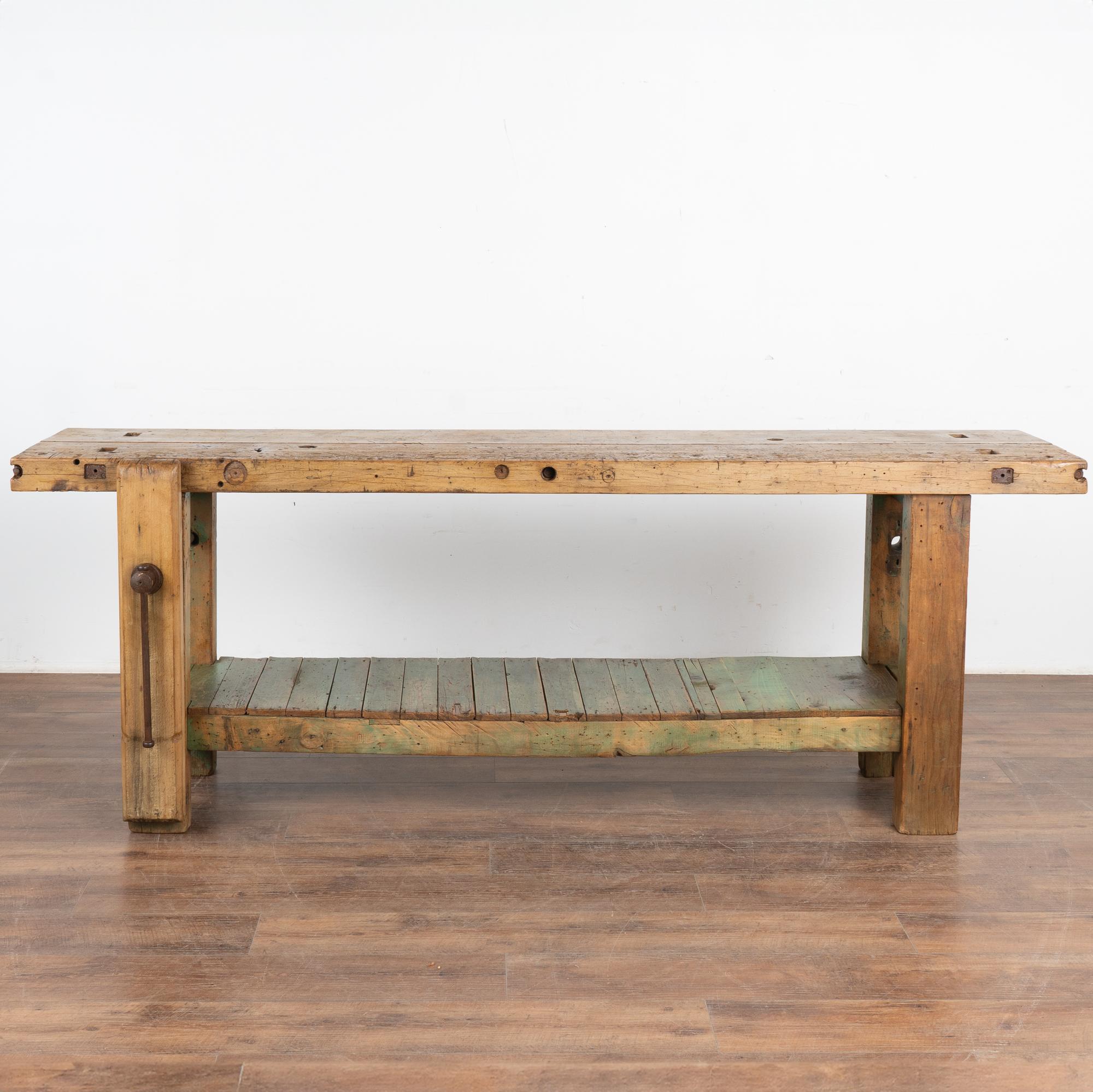 Antique French Carpenter's Workbench Rustic Console Table with Shelf, circa 1900 In Good Condition In Round Top, TX