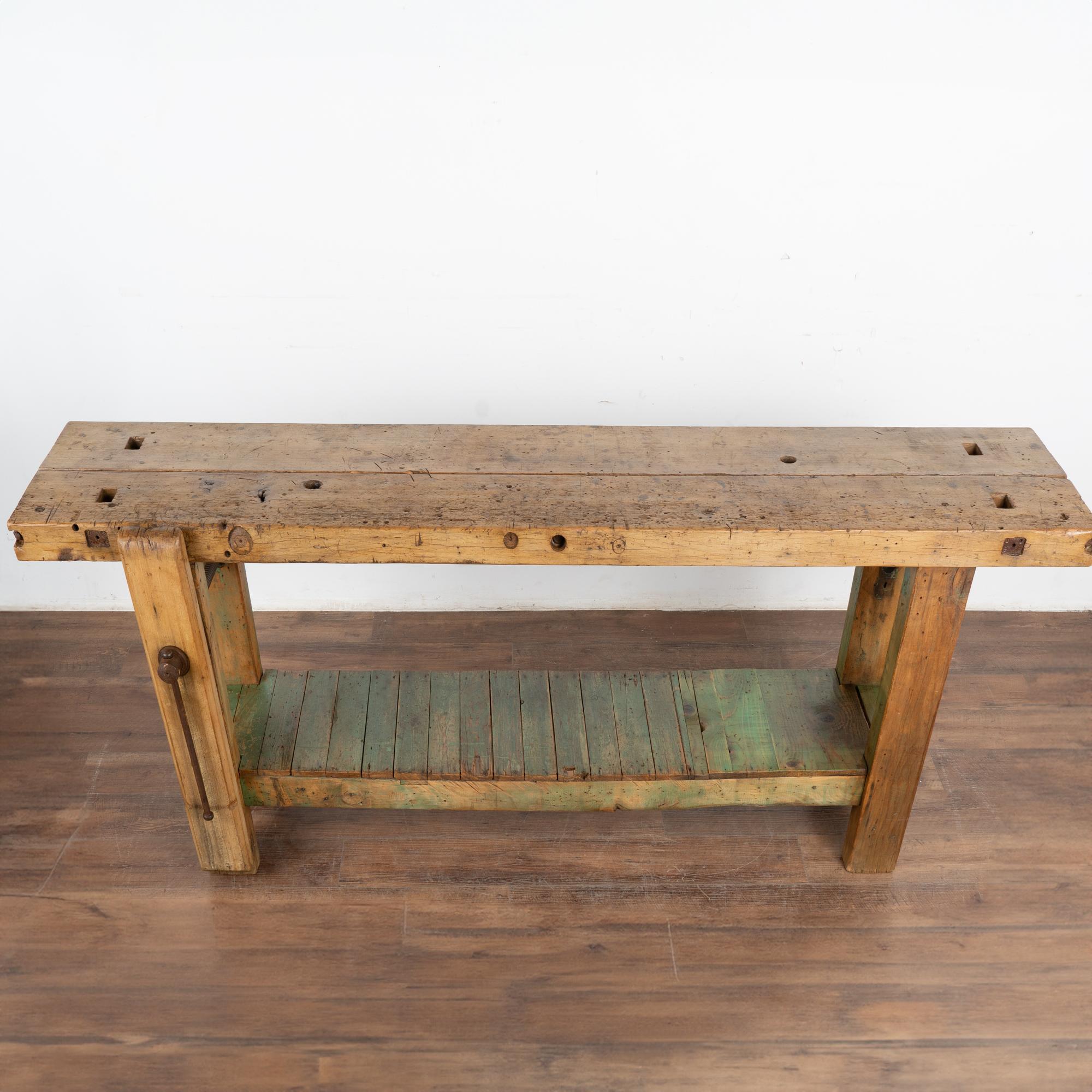 20th Century Antique French Carpenter's Workbench Rustic Console Table with Shelf, circa 1900