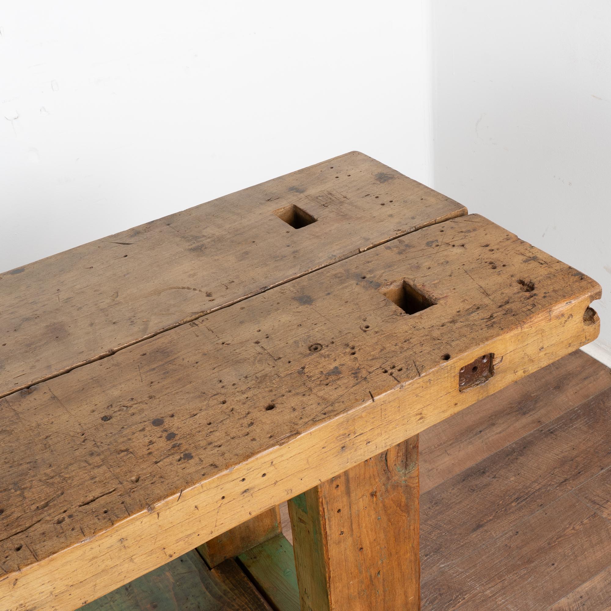Antique French Carpenter's Workbench Rustic Console Table with Shelf, circa 1900 2