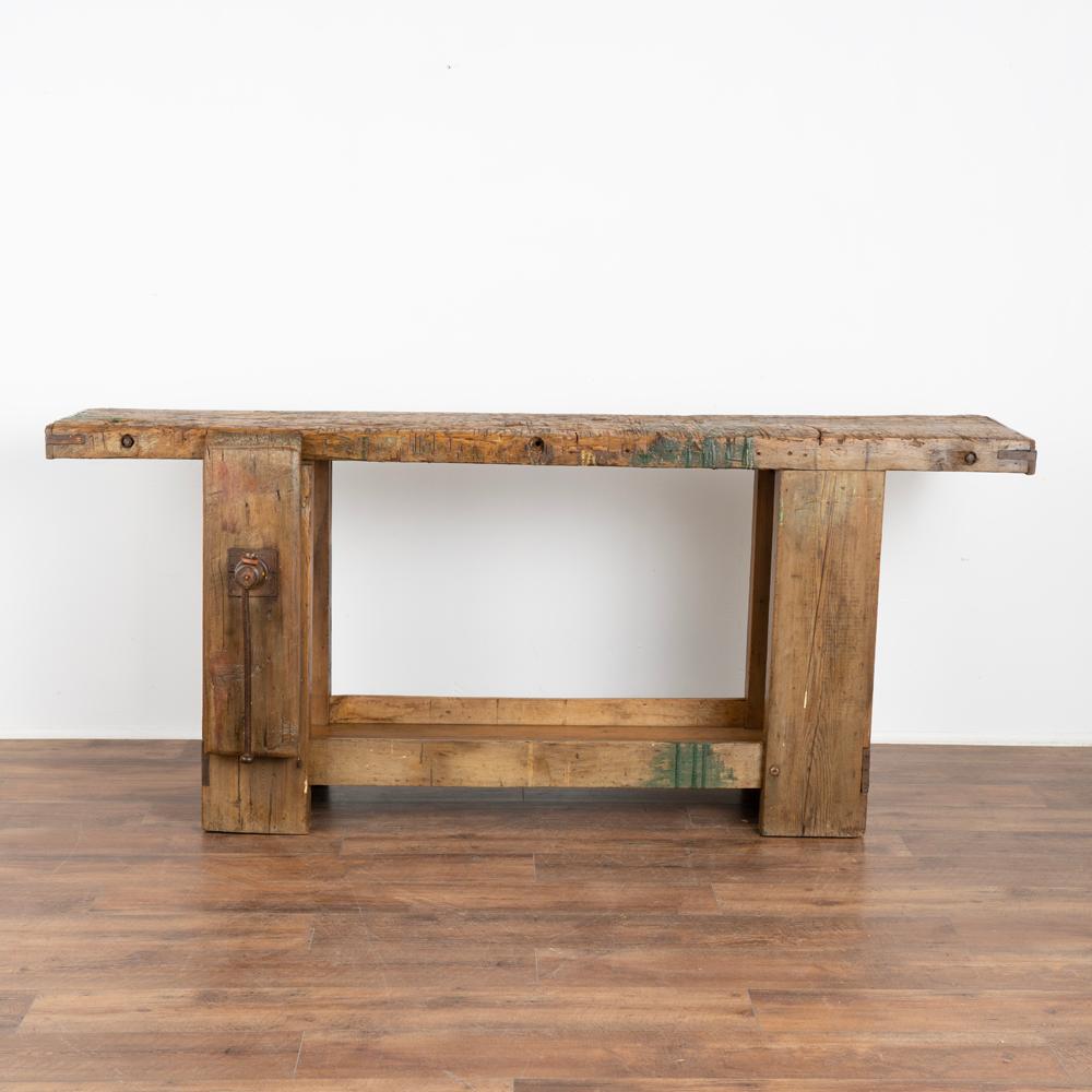 Antique French Carpenter's Workbench Rustic Console Table with Shelf, France Cir In Good Condition In Round Top, TX