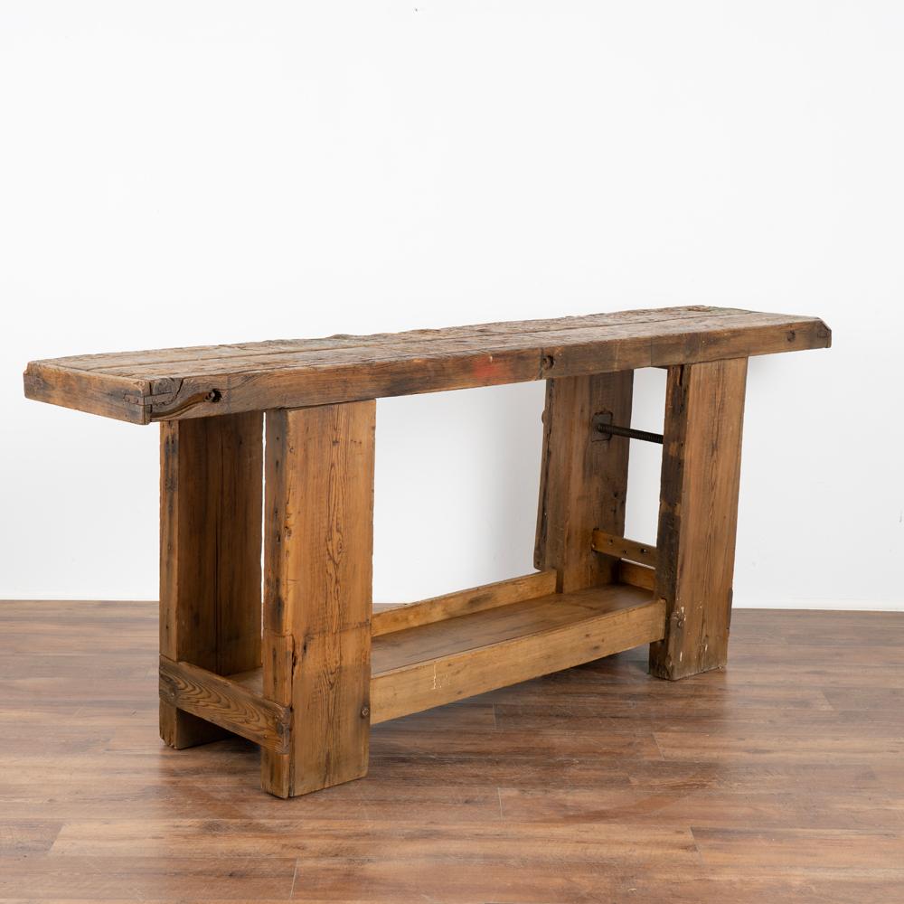 20th Century Antique French Carpenter's Workbench Rustic Console Table with Shelf, France Cir