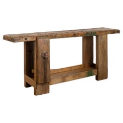 Antique French Carpenter's Workbench Rustic Console Table with Shelf, France Cir