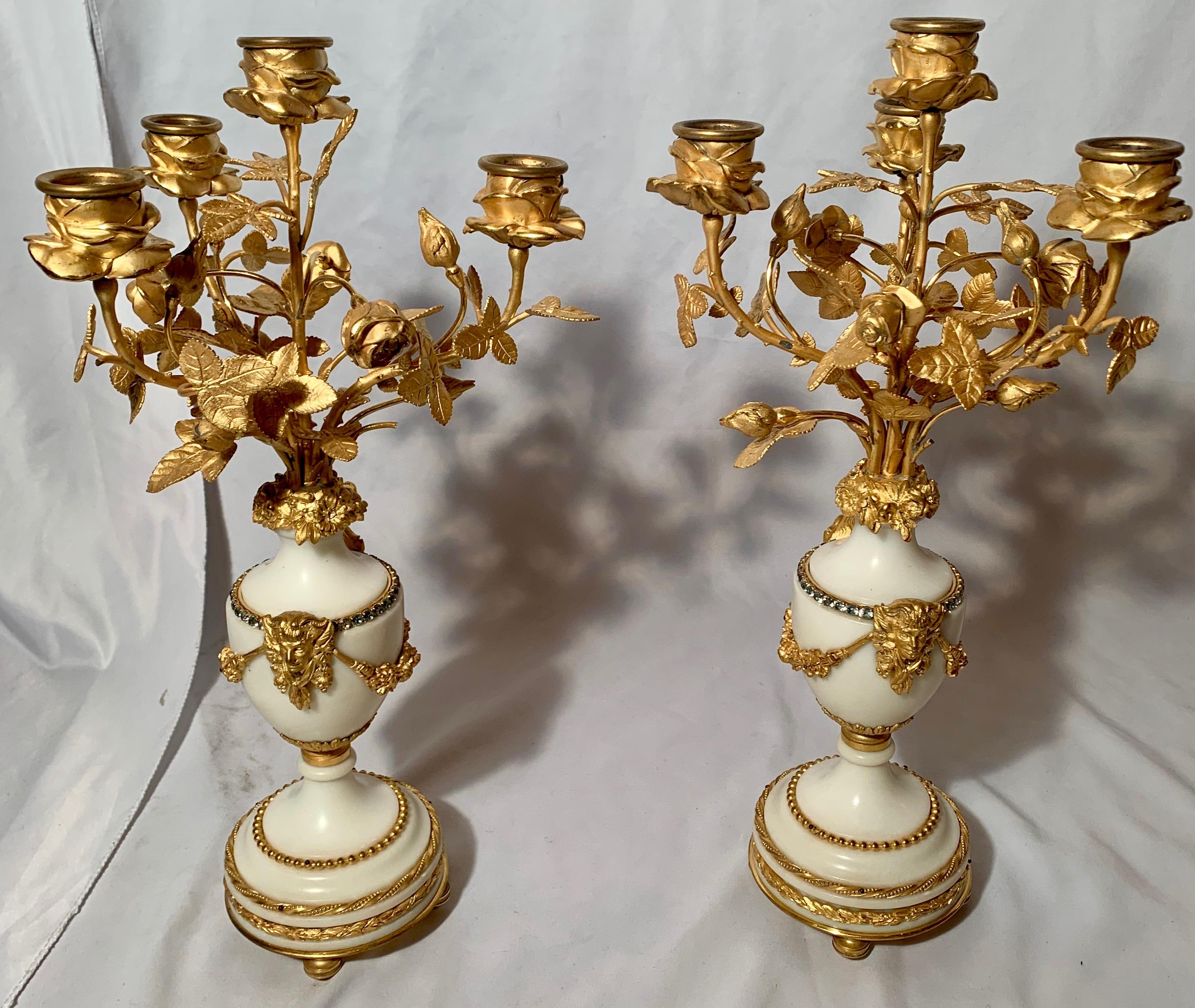 European Antique French Carrara Marble Clock Set with Candlesticks, circa 1800