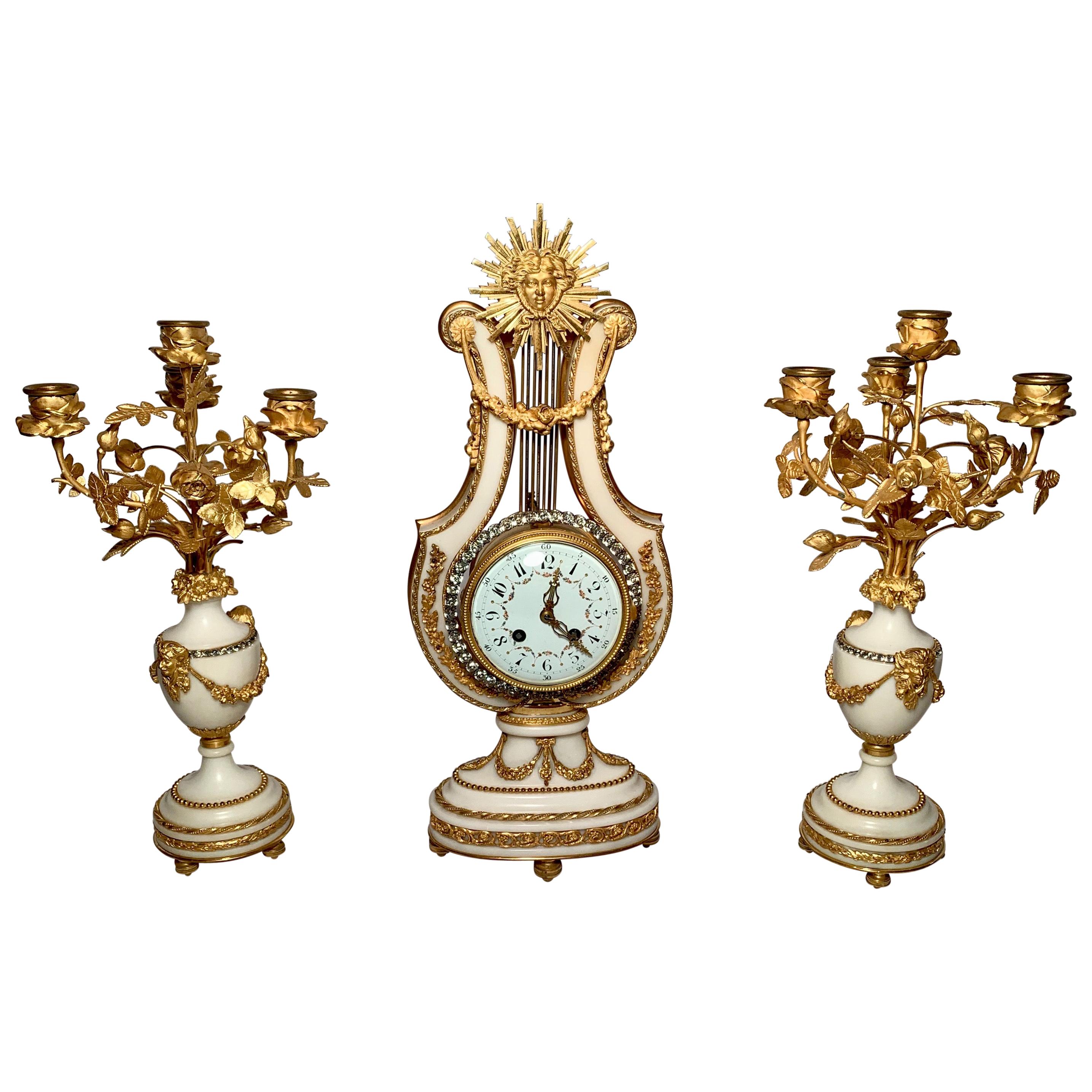 Antique French Carrara Marble Clock Set with Candlesticks, circa 1800