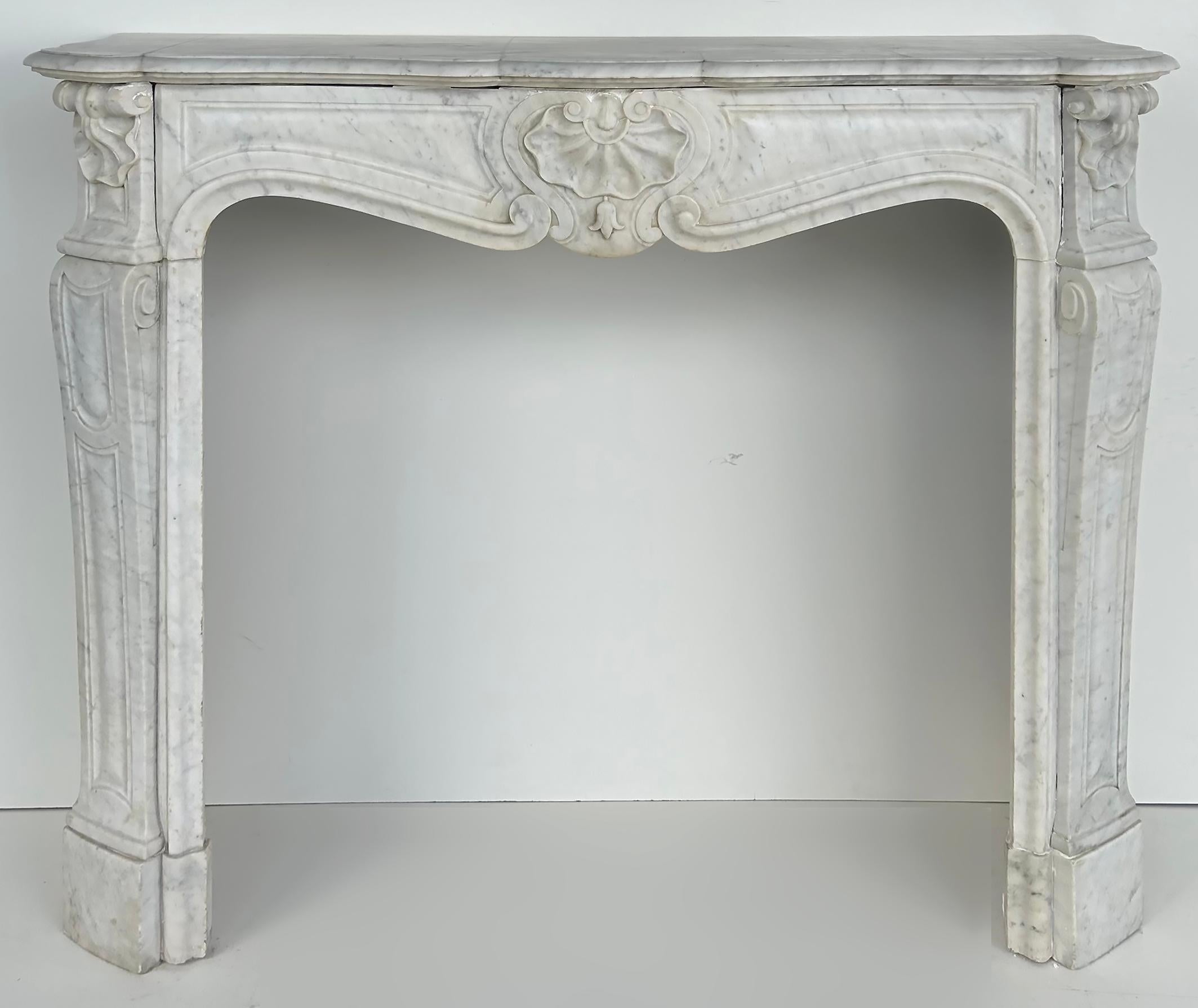 Hand-Carved Antique French Carrara Marble Louis XV Style Fireplace Mantel  For Sale