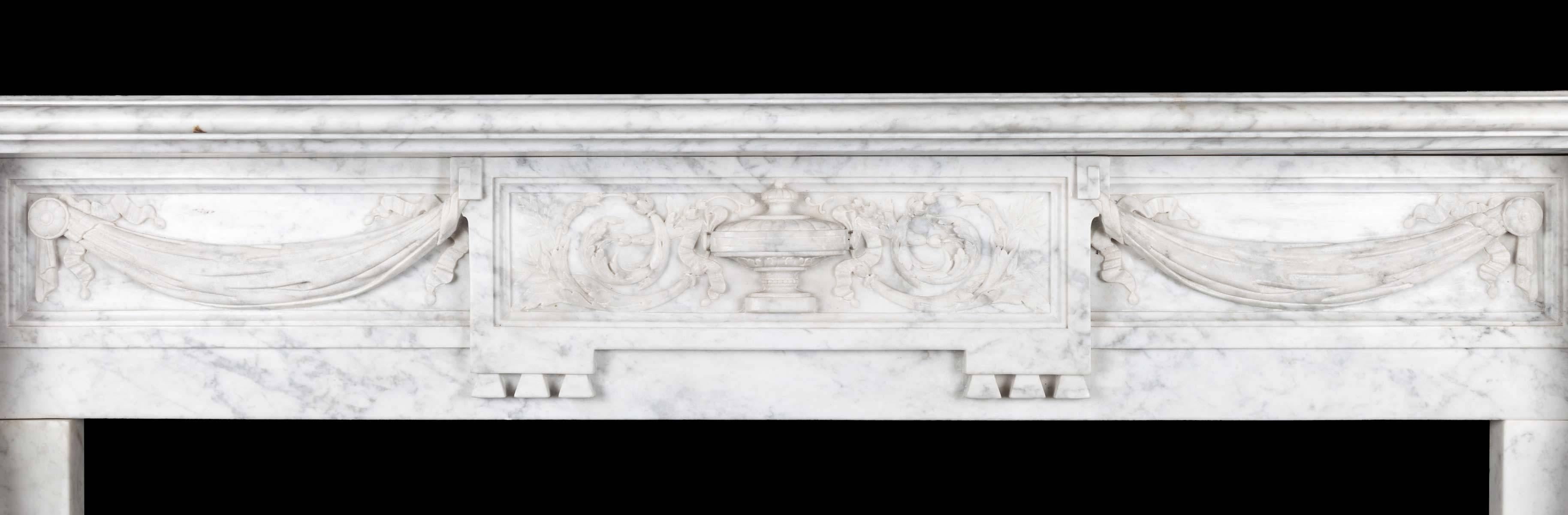Carved Antique French Carrara Marble Mantelpiece For Sale