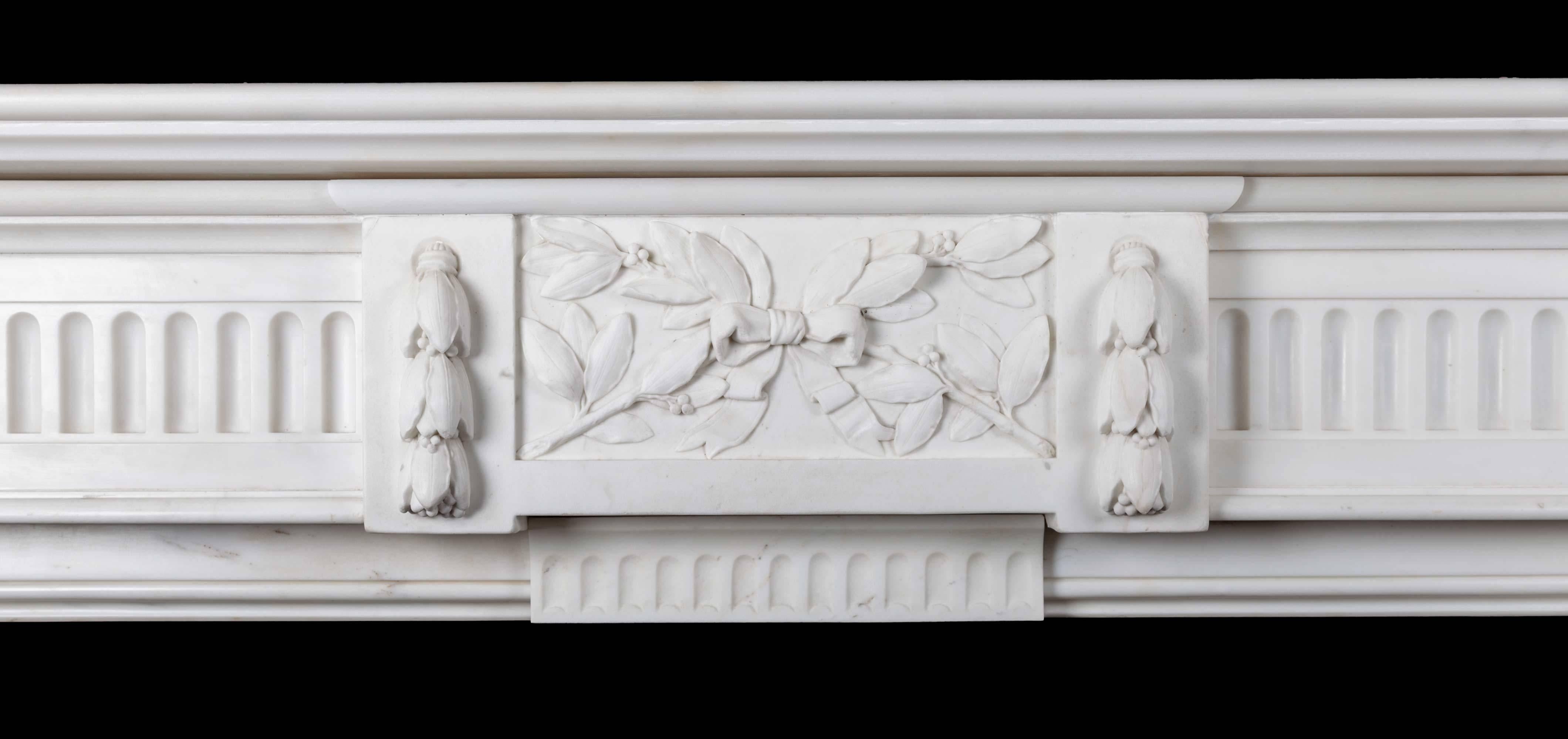 Carved Antique French Carrara Marble Mantelpiece For Sale