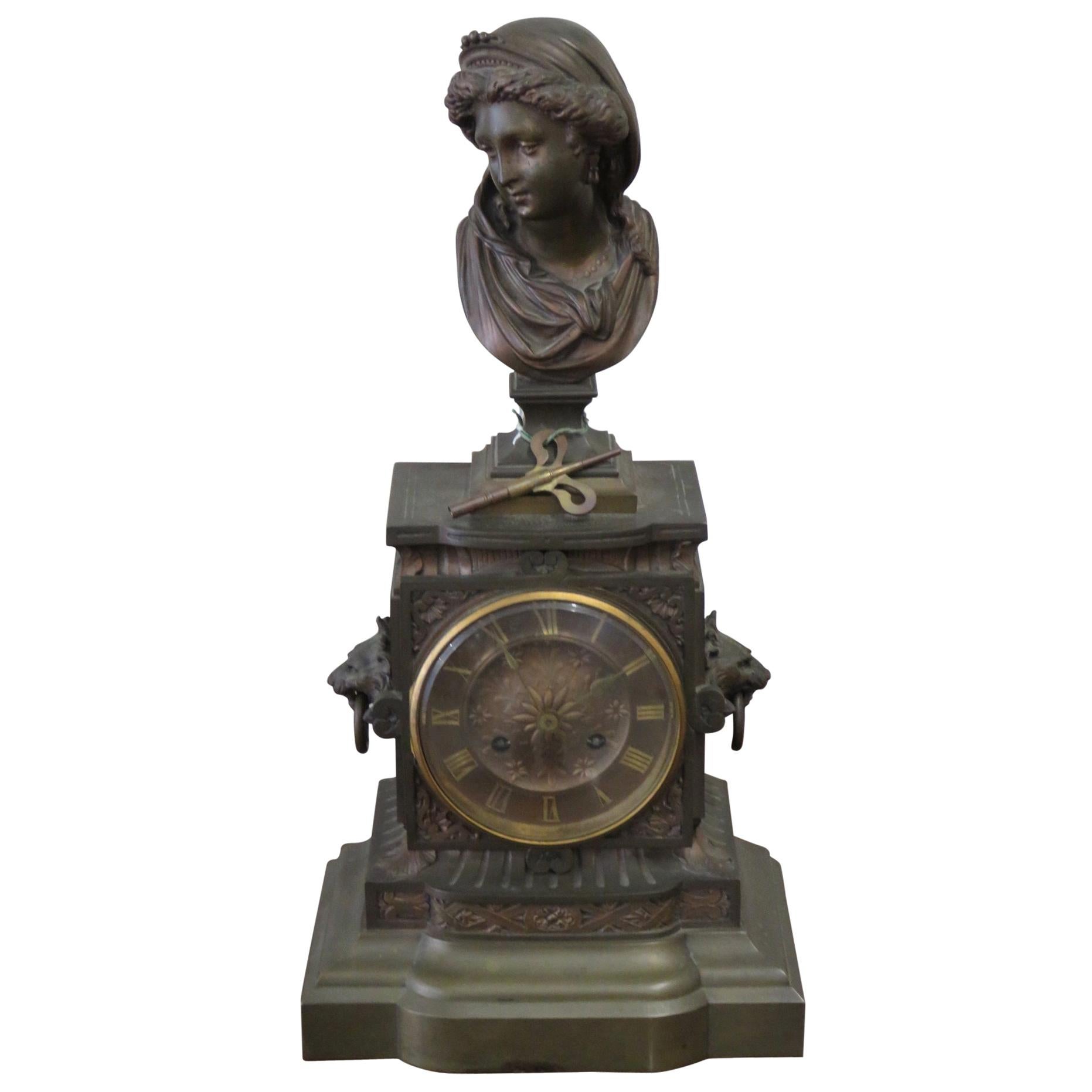 Antique 19th Century Figural French Carrier Belleuse Bronze Clock