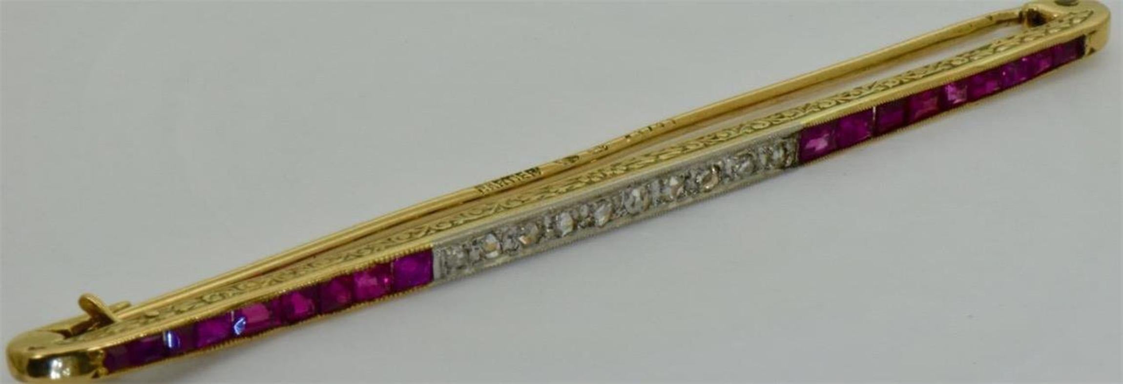 Art Nouveau Antique French Cartier Diamond and Rubies Gold Brooch, 1920s For Sale
