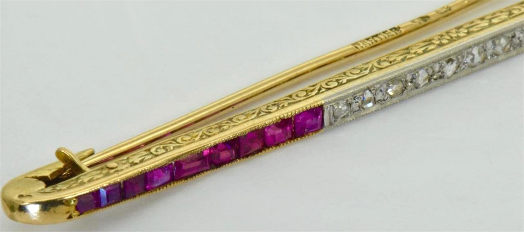 Women's Antique French Cartier Diamond and Rubies Gold Brooch, 1920s For Sale