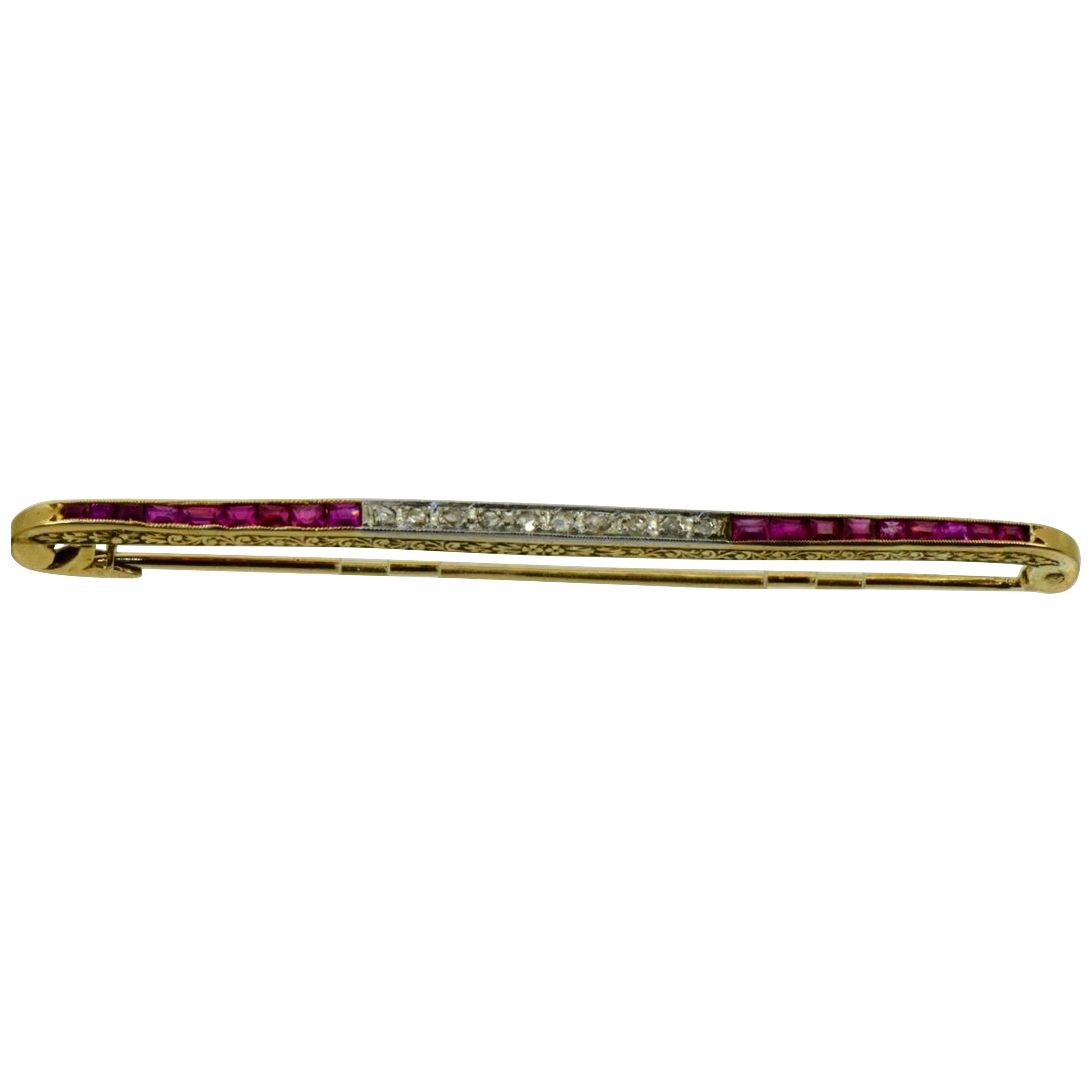 Antique French Cartier Diamond and Rubies Gold Brooch, 1920s For Sale
