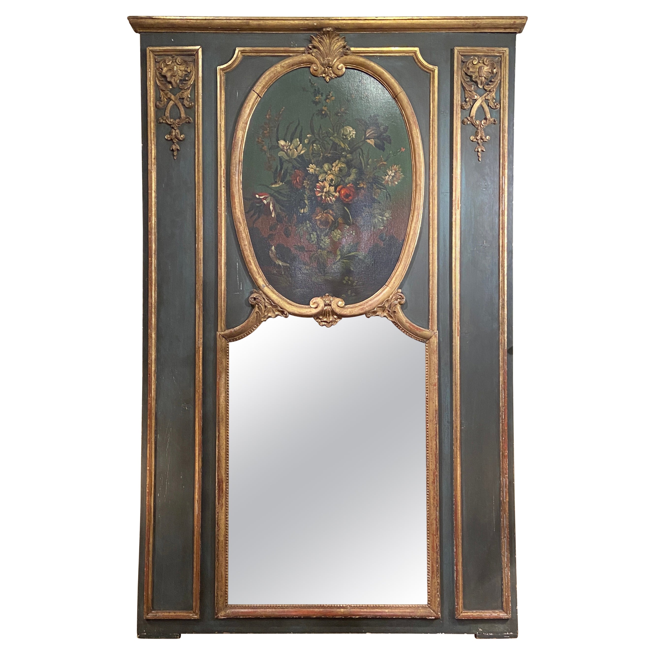 Antique French Specchio Trumeau in legno intagliato e dorato con dipinto Circa 1890-1910