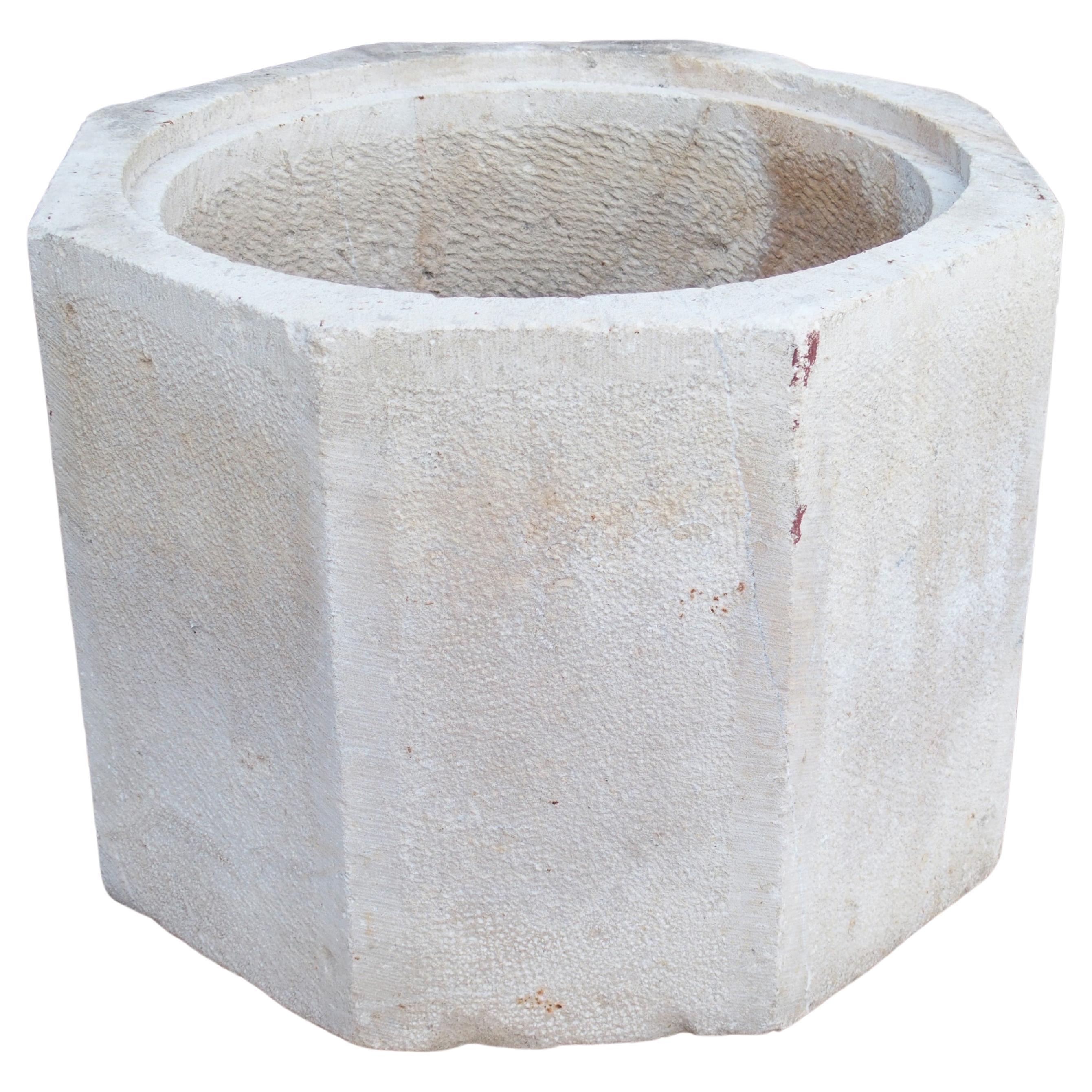 Antique French Carved and Hammered Octagonal Limestone Salt Trough, 19th Century