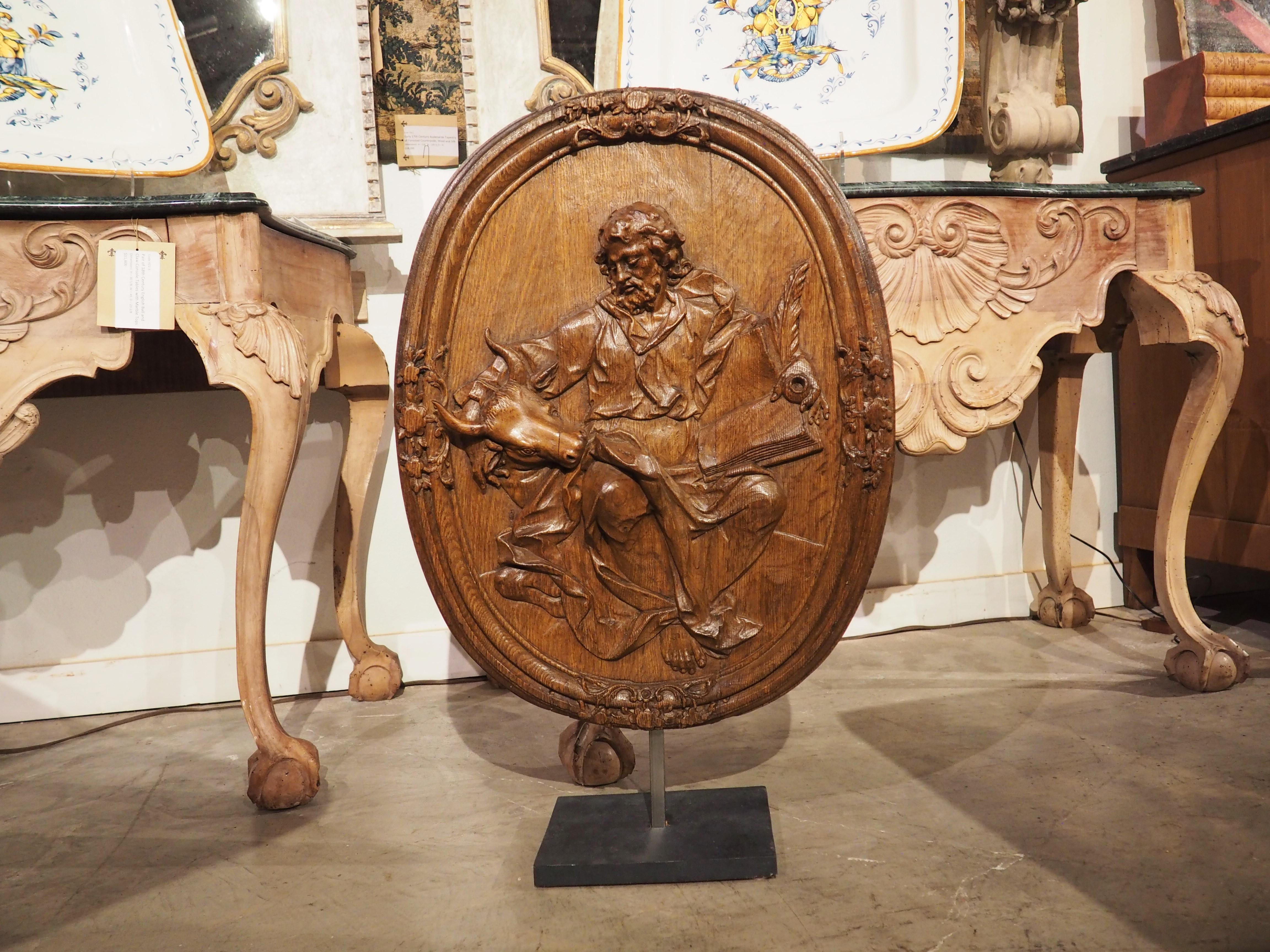 Antique French Carved and Incurved Oak Bas Relief Plaque of St Luke, circa 1720 For Sale 13
