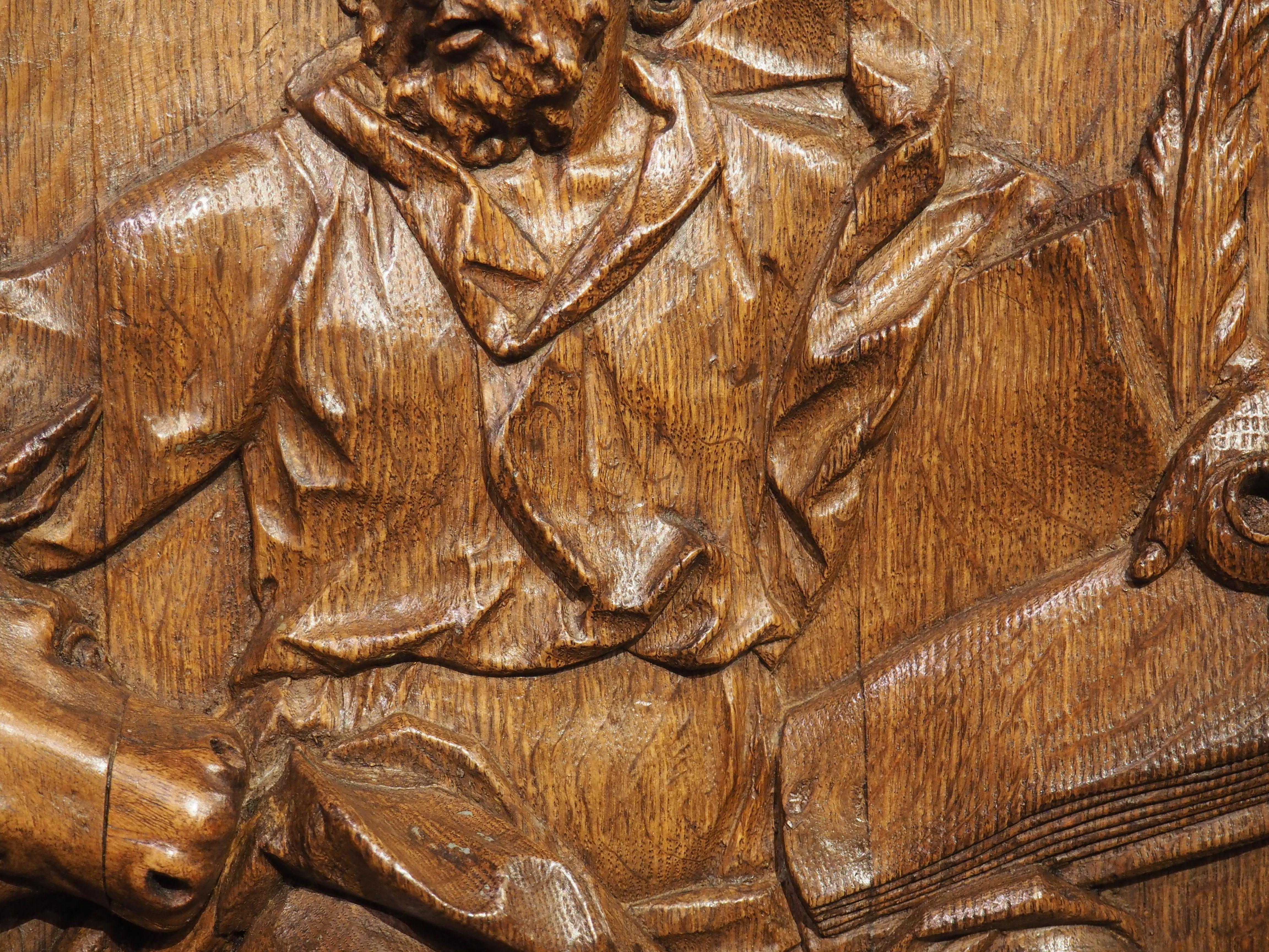 Antique French Carved and Incurved Oak Bas Relief Plaque of St Luke, circa 1720 In Good Condition For Sale In Dallas, TX