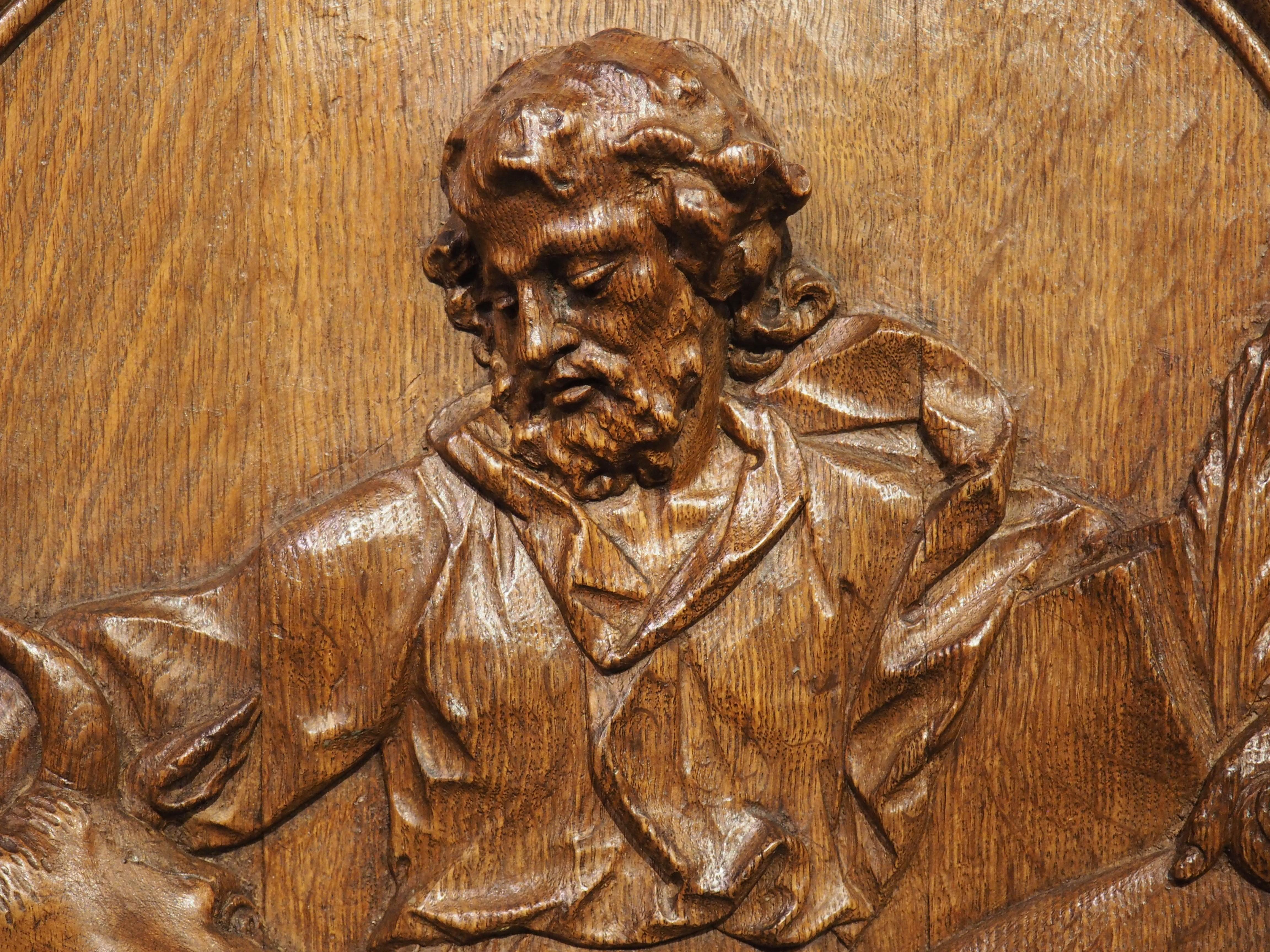 Antique French Carved and Incurved Oak Bas Relief Plaque of St Luke, circa 1720 For Sale 1