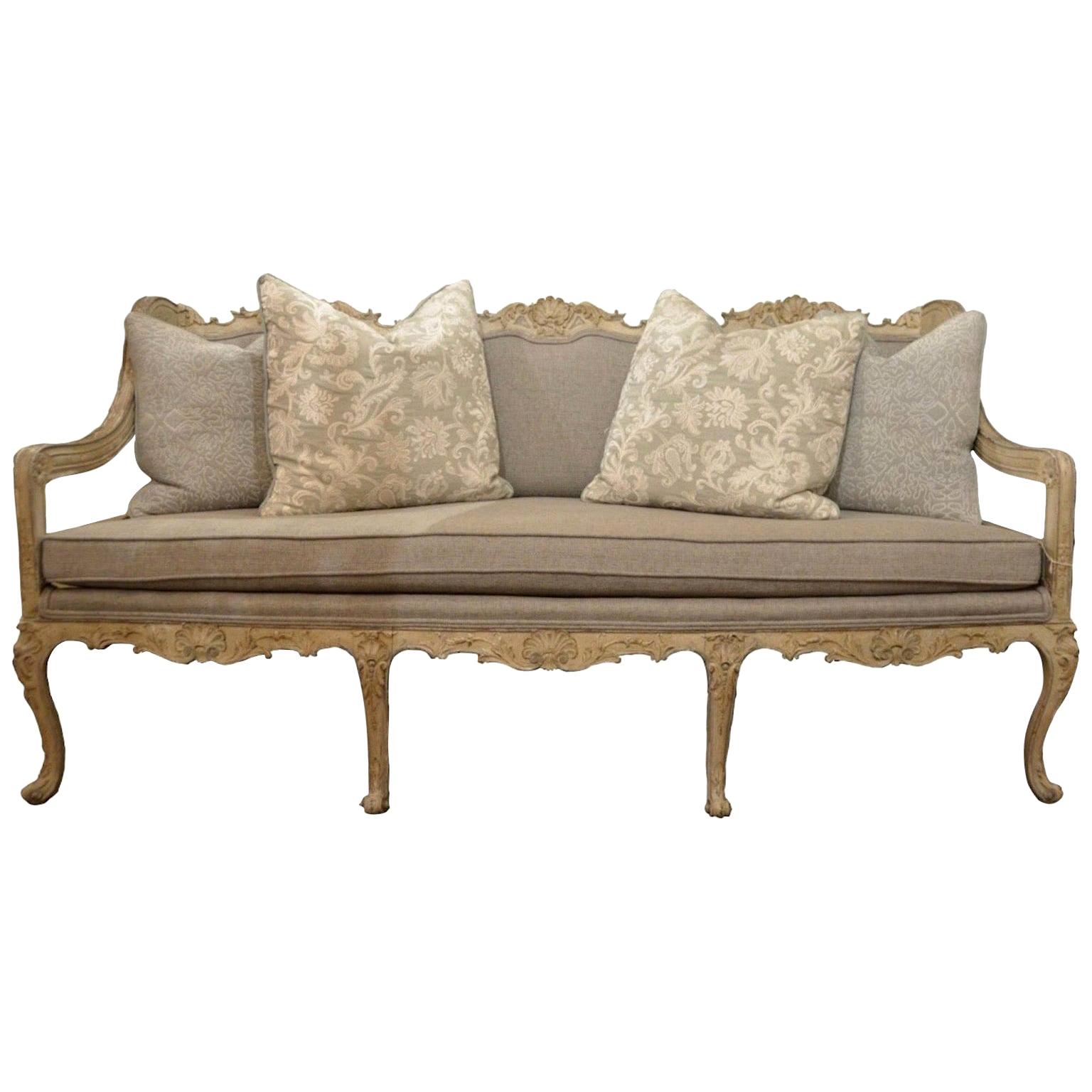Antique French Carved and Painted Grisaille Upholstered Sofa For Sale