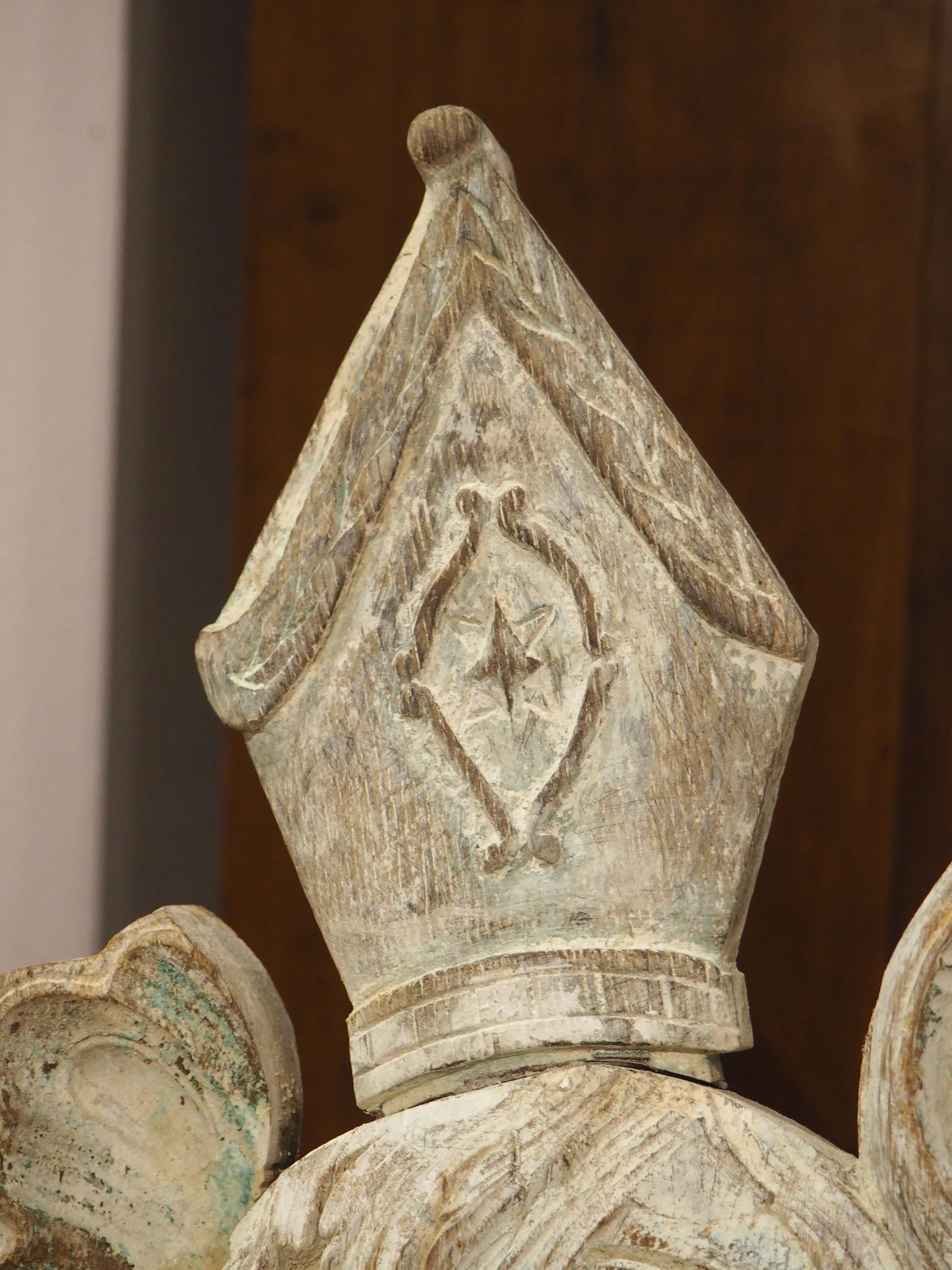 Antique French Carved and Painted Oak Ecusson Panel, Mitre and Crozier, 19th C. For Sale 4