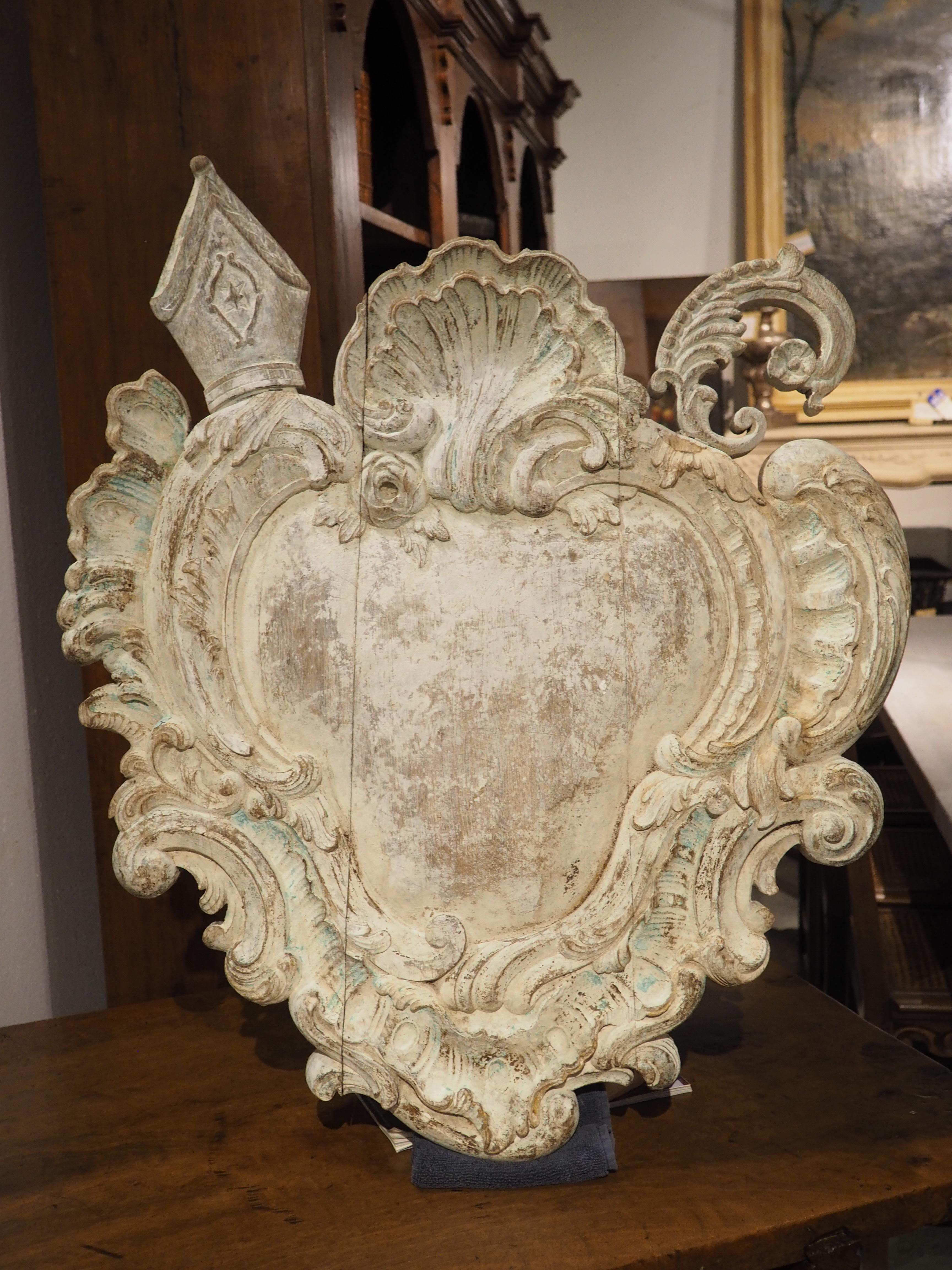 Antique French Carved and Painted Oak Ecusson Panel, Mitre and Crozier, 19th C. For Sale 8