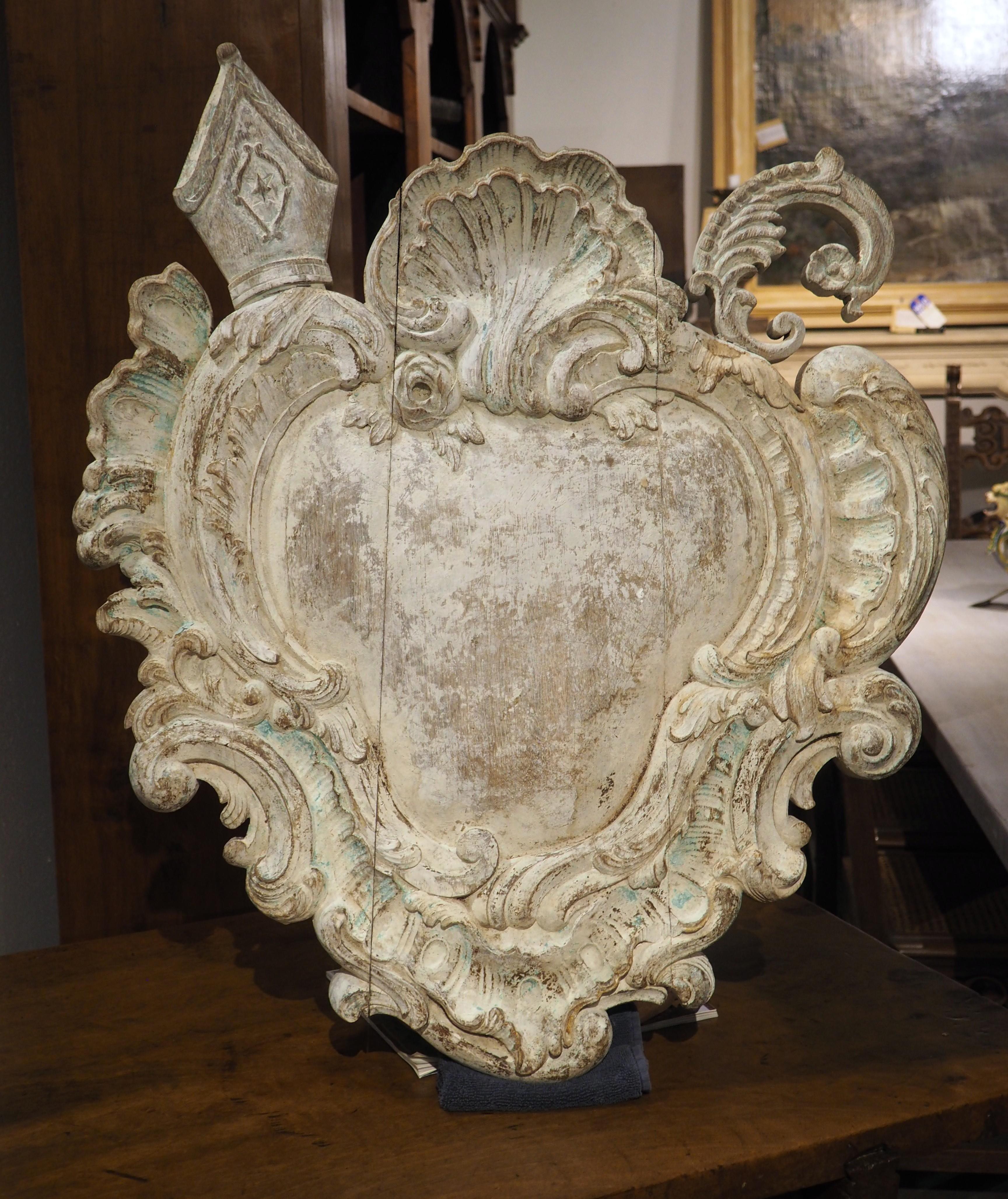 Antique French Carved and Painted Oak Ecusson Panel, Mitre and Crozier, 19th C. For Sale 9