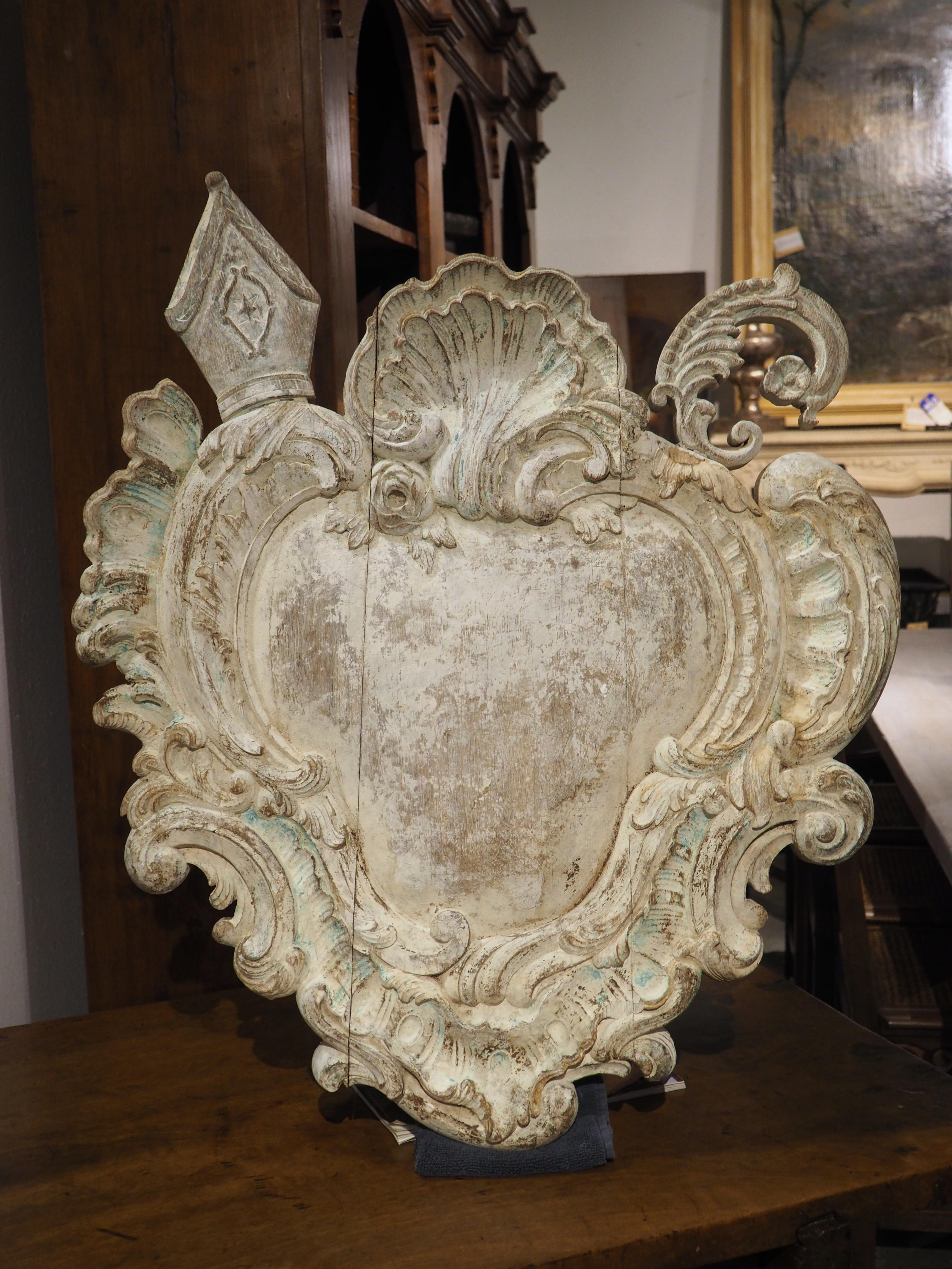 Hand-Carved Antique French Carved and Painted Oak Ecusson Panel, Mitre and Crozier, 19th C. For Sale