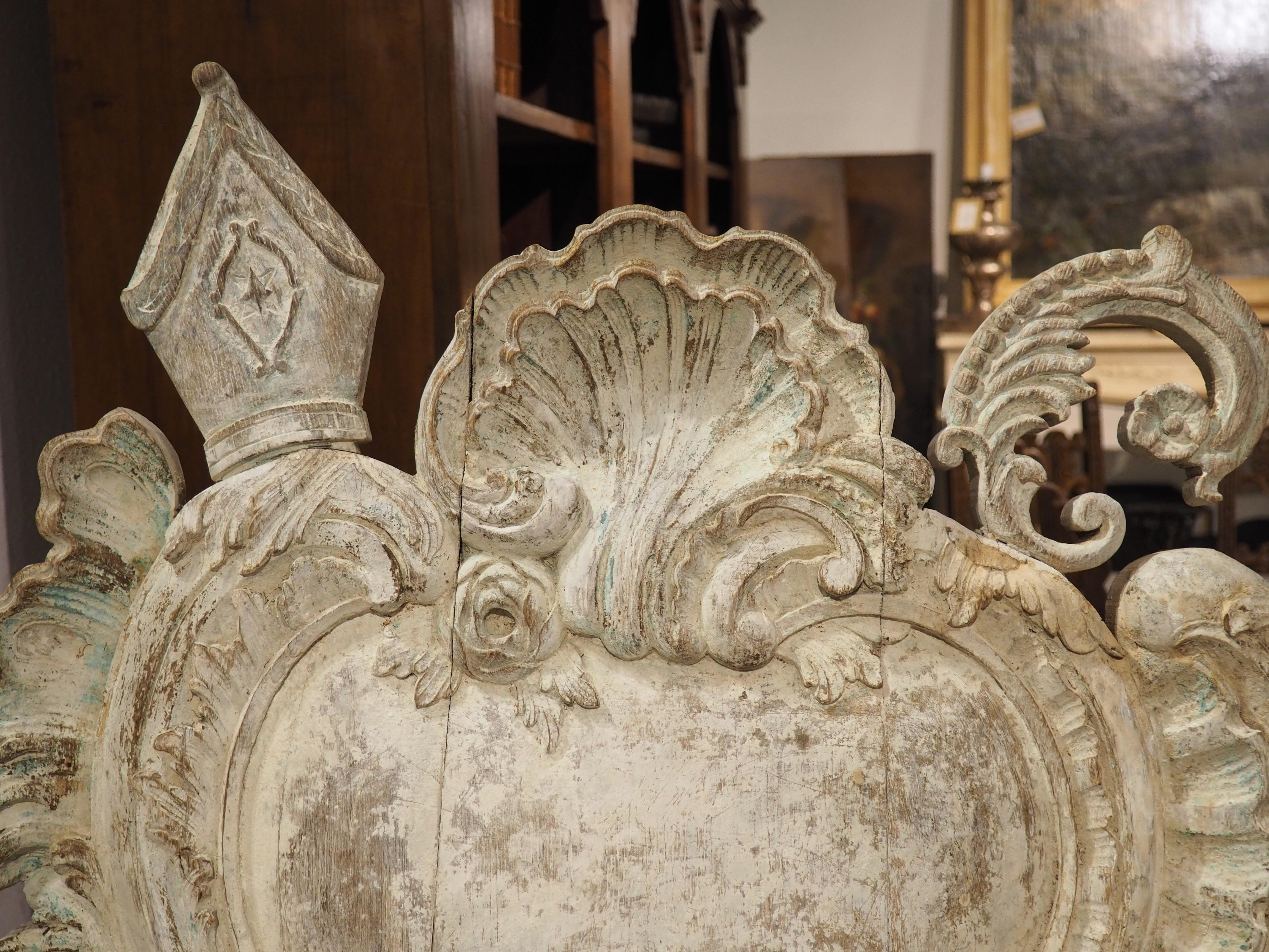 Antique French Carved and Painted Oak Ecusson Panel, Mitre and Crozier, 19th C. In Good Condition For Sale In Dallas, TX