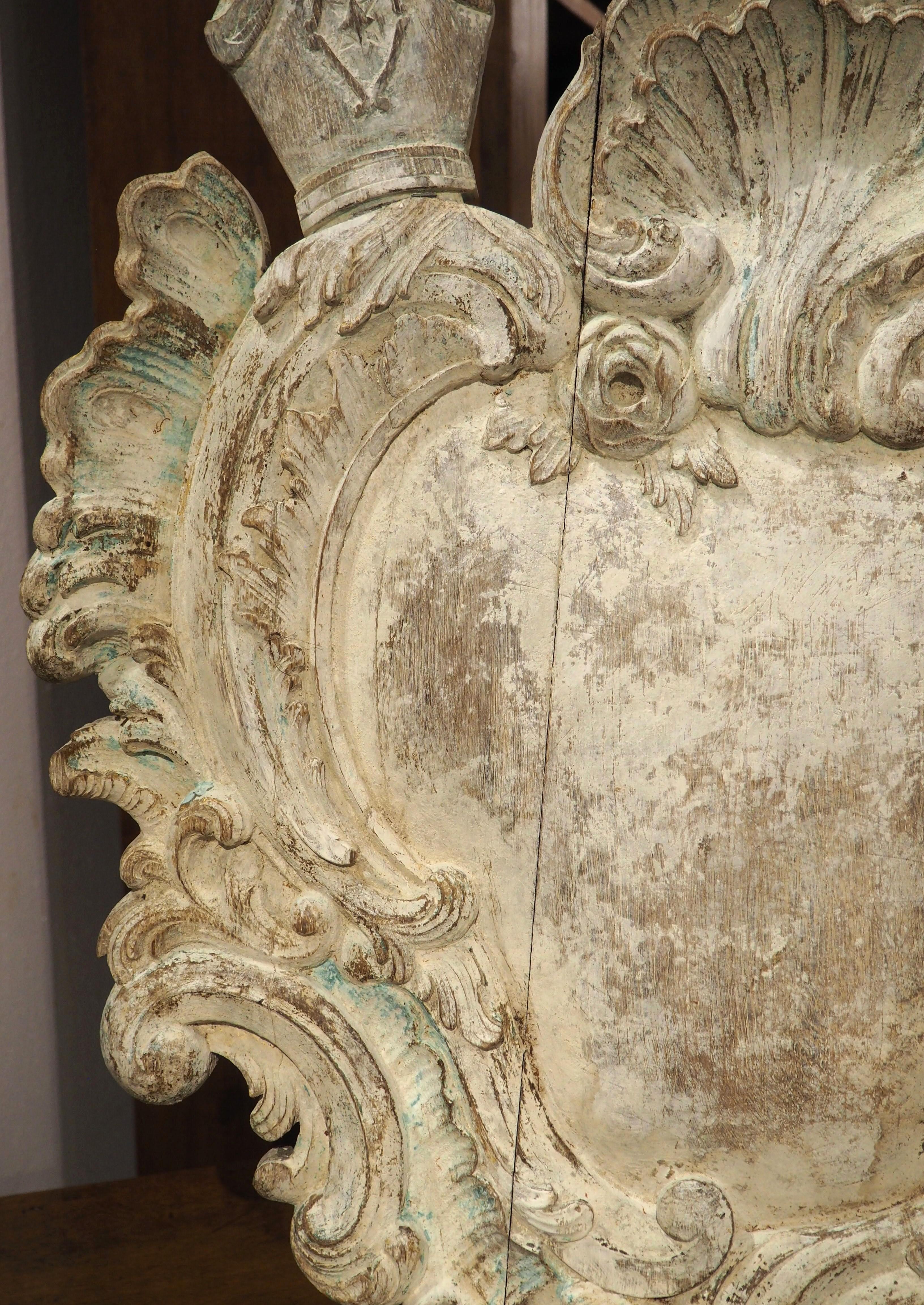 19th Century Antique French Carved and Painted Oak Ecusson Panel, Mitre and Crozier, 19th C. For Sale