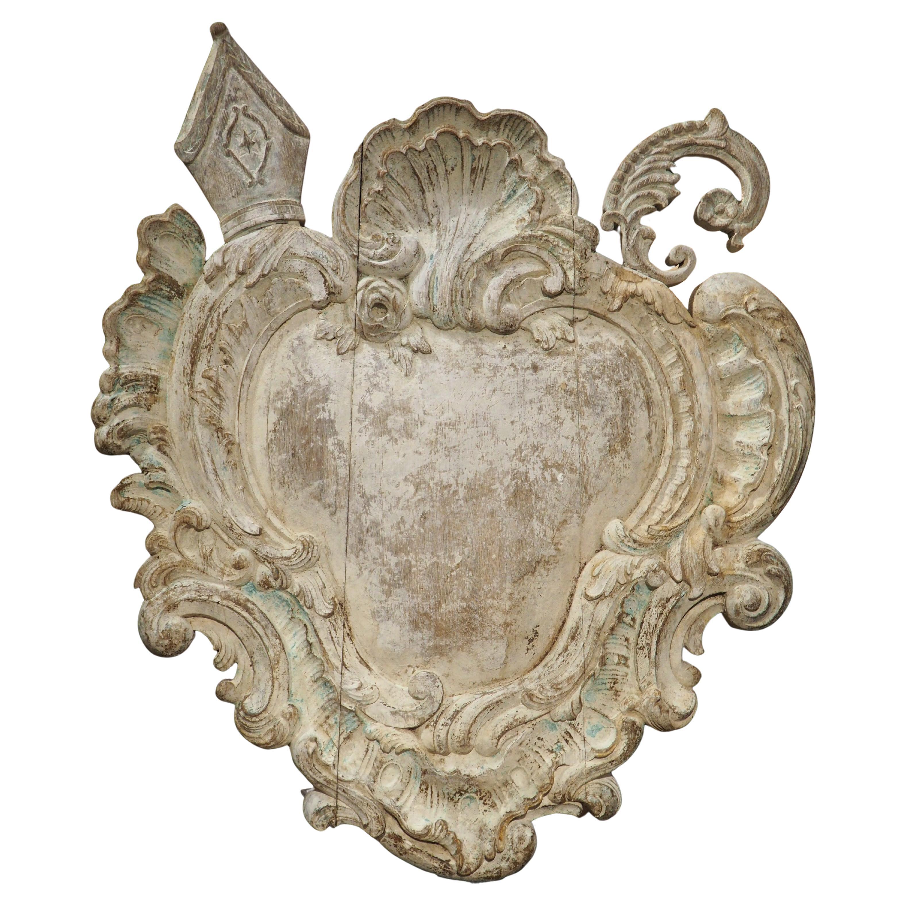 Antique French Carved and Painted Oak Ecusson Panel, Mitre and Crozier, 19th C. For Sale