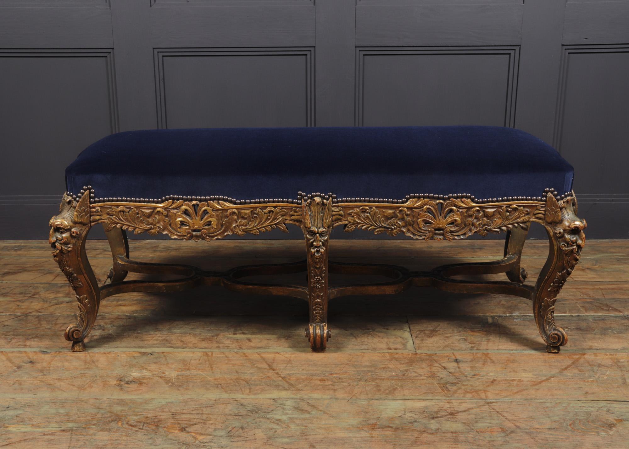 Mid-19th Century Antique French Carved and Parcel Gilt Long Stool, c1860