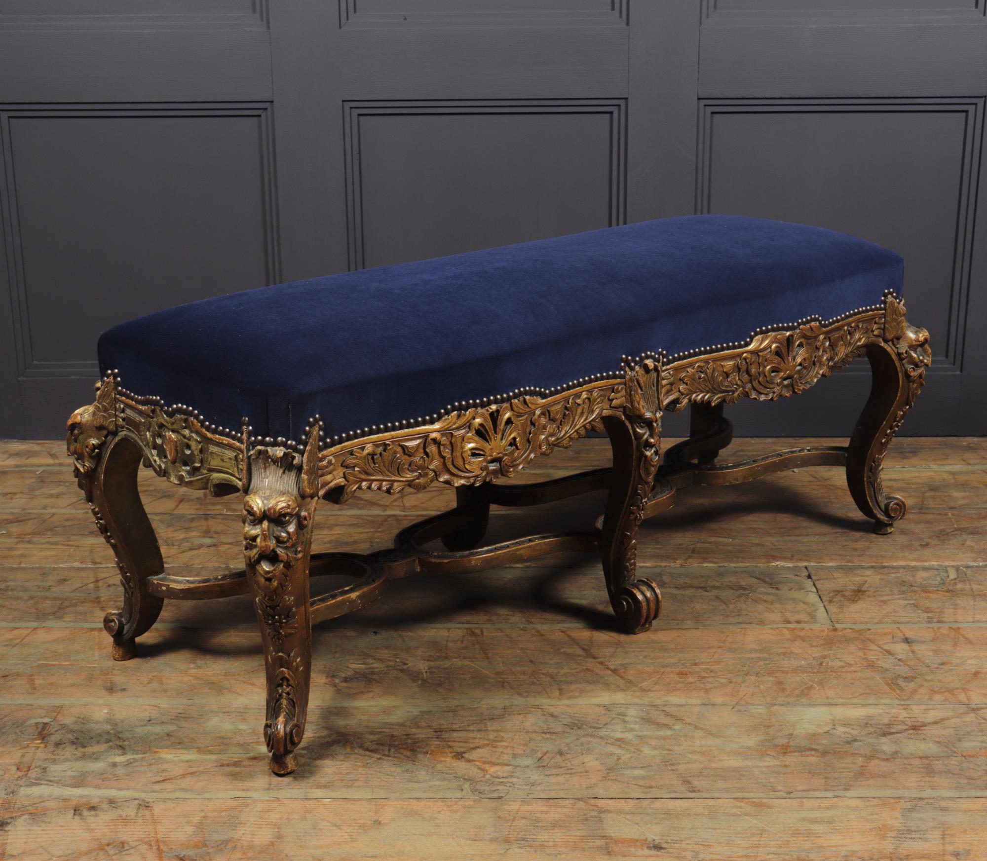 Walnut Antique French Carved and Parcel Gilt Long Stool, c1860