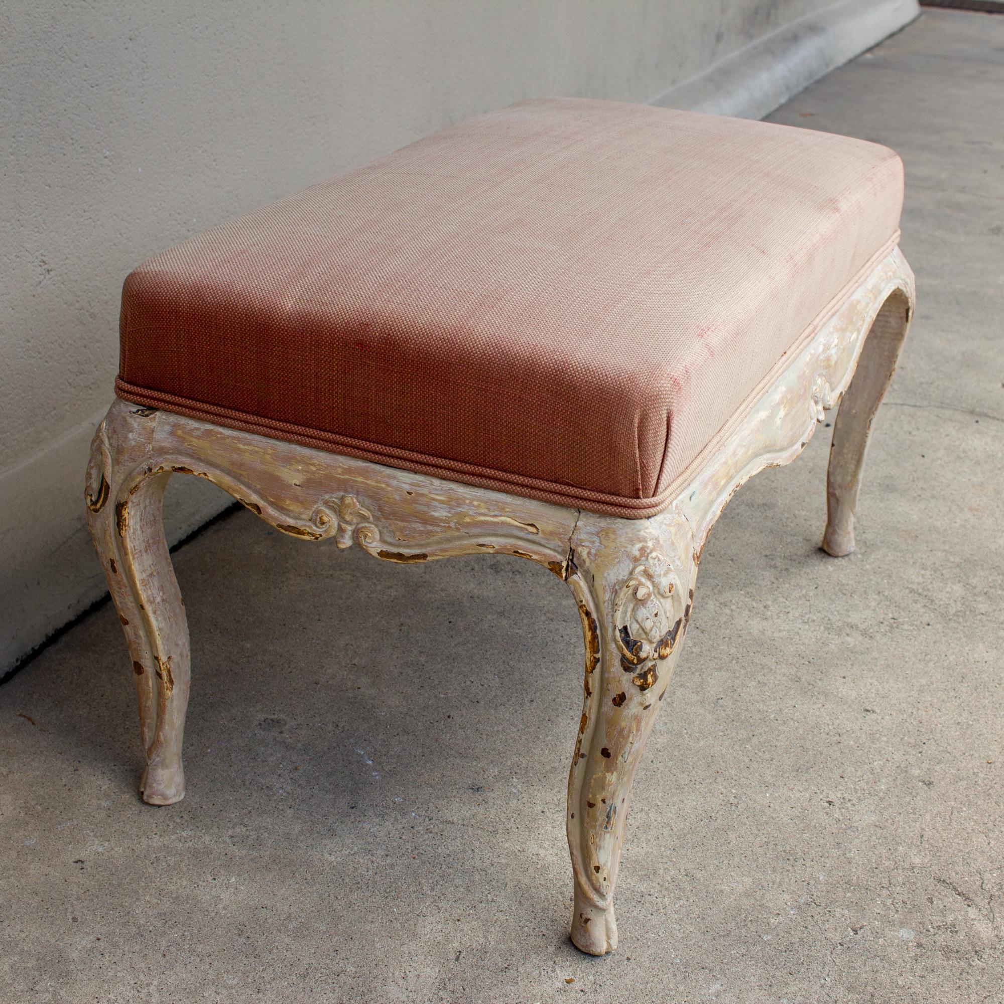 Restauration Antique French Carved Bench with Distressed Painted Finish, circa 1820