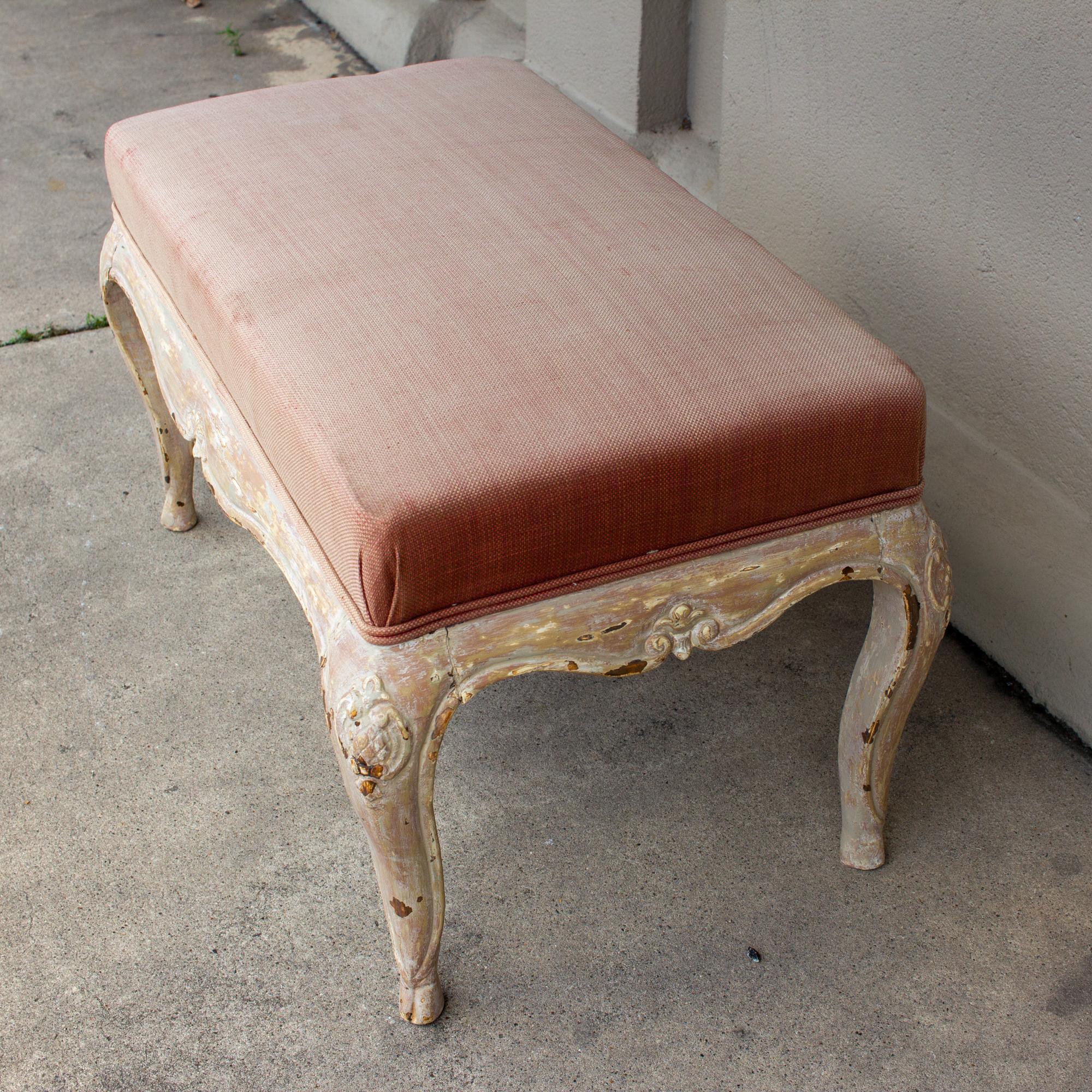 Hand-Carved Antique French Carved Bench with Distressed Painted Finish, circa 1820