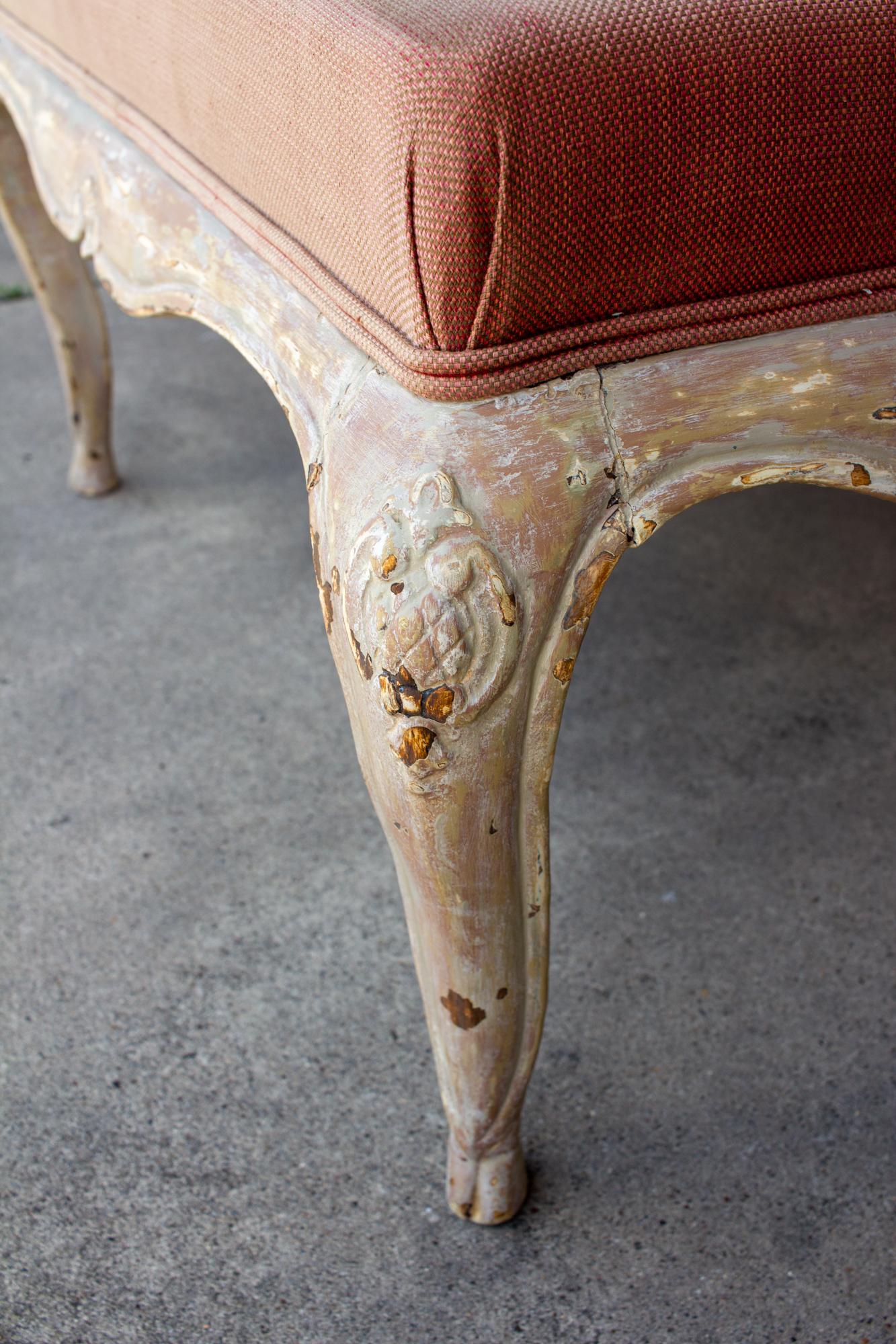 Antique French Carved Bench with Distressed Painted Finish, circa 1820 In Good Condition In Houston, TX