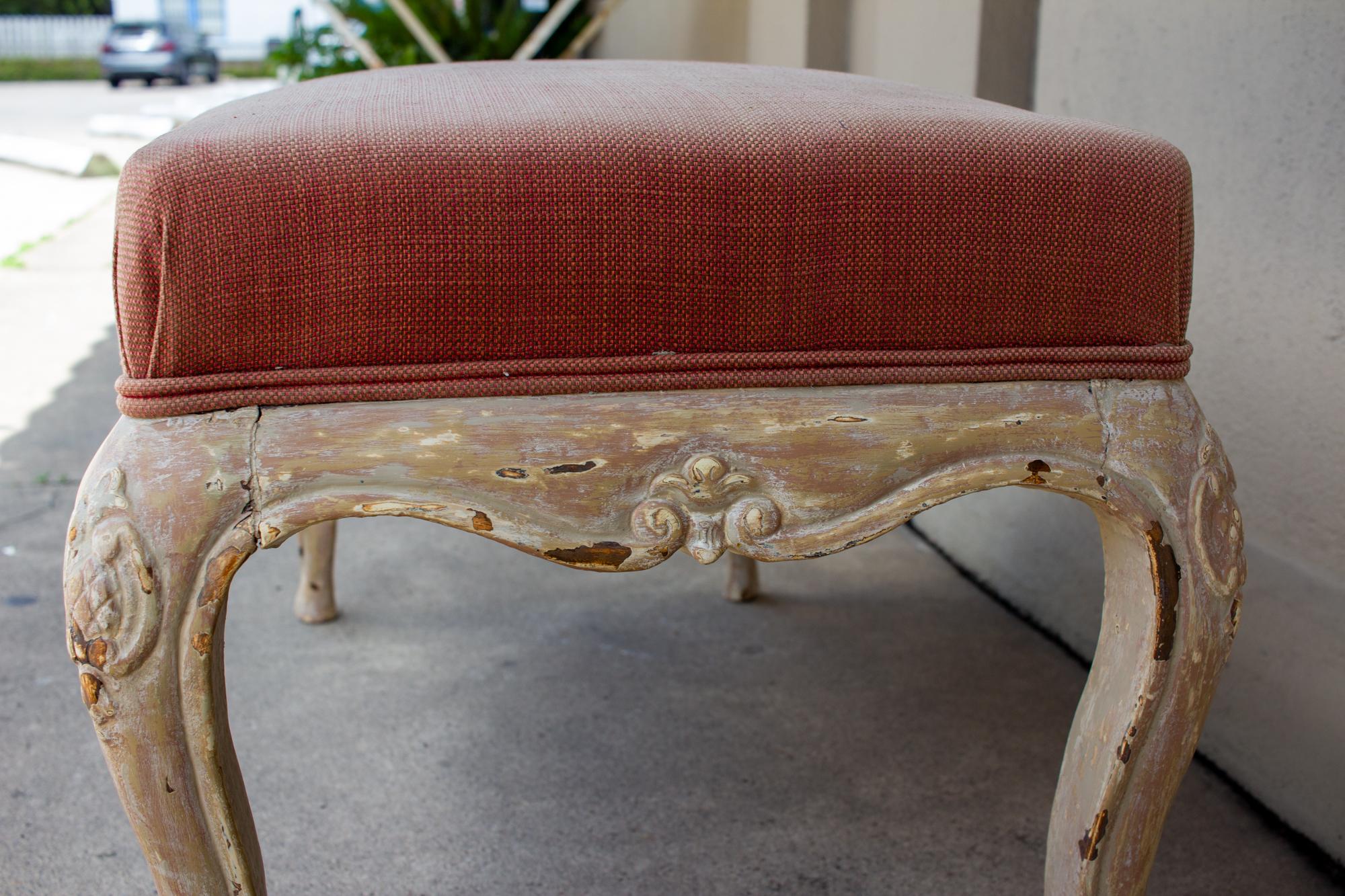 Early 19th Century Antique French Carved Bench with Distressed Painted Finish, circa 1820