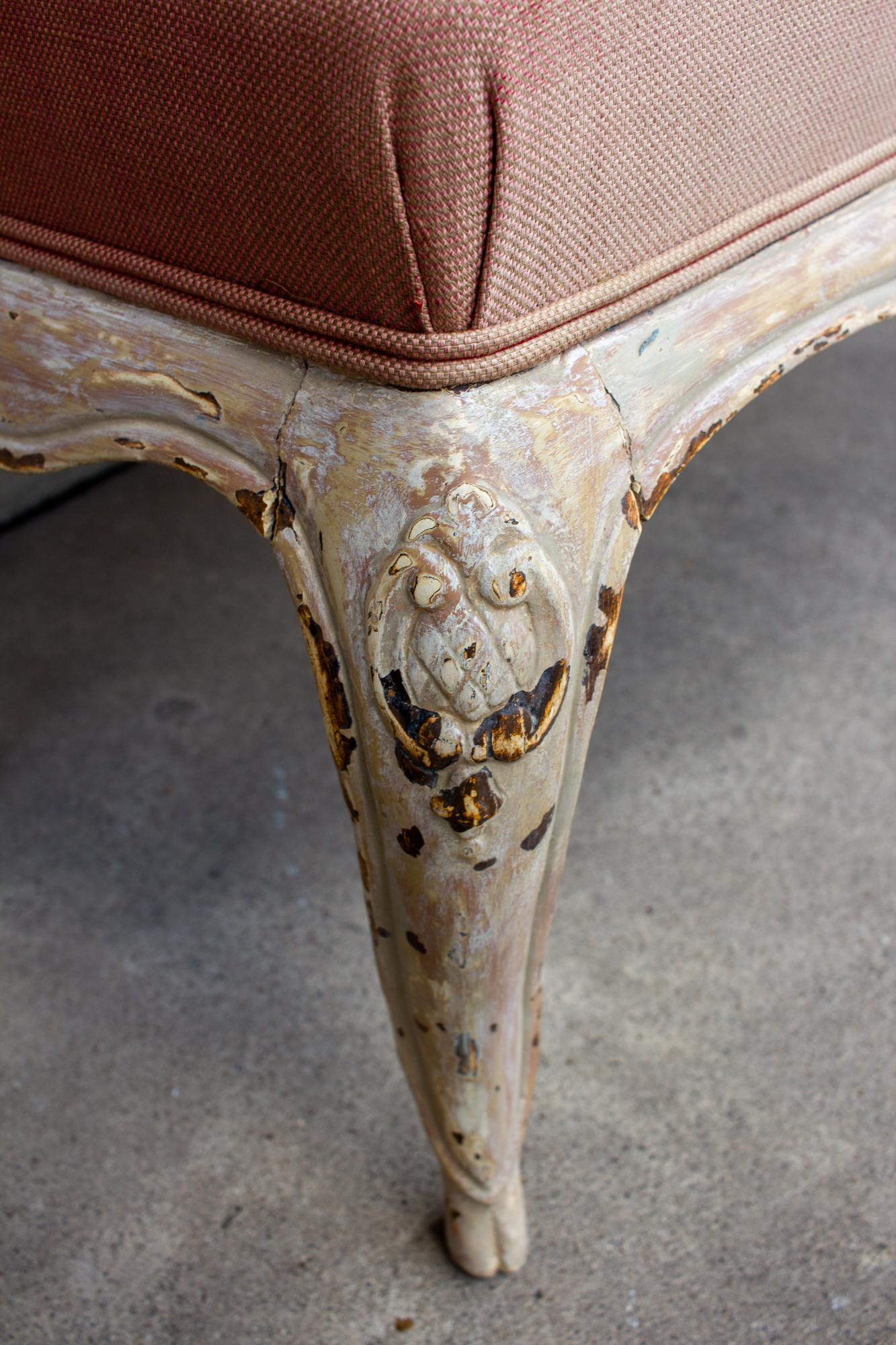 Upholstery Antique French Carved Bench with Distressed Painted Finish, circa 1820