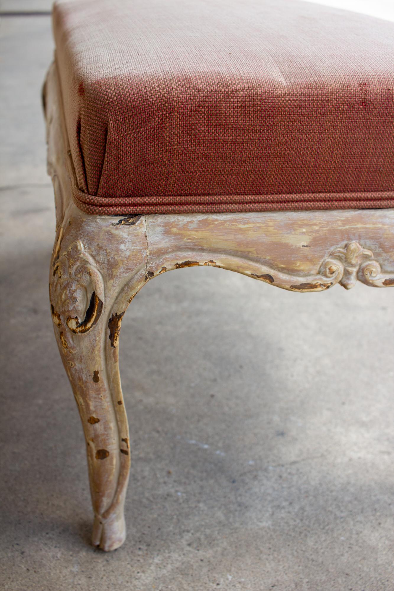 Antique French Carved Bench with Distressed Painted Finish, circa 1820 1