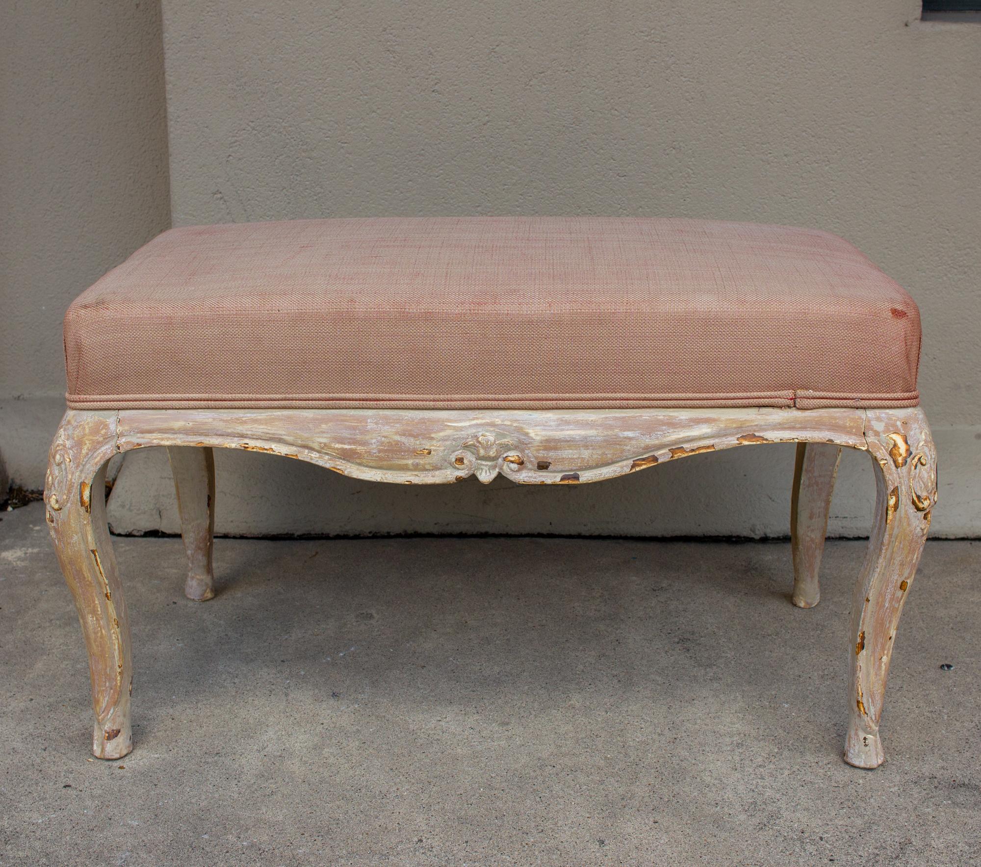 Antique French Carved Bench with Distressed Painted Finish, circa 1820 2