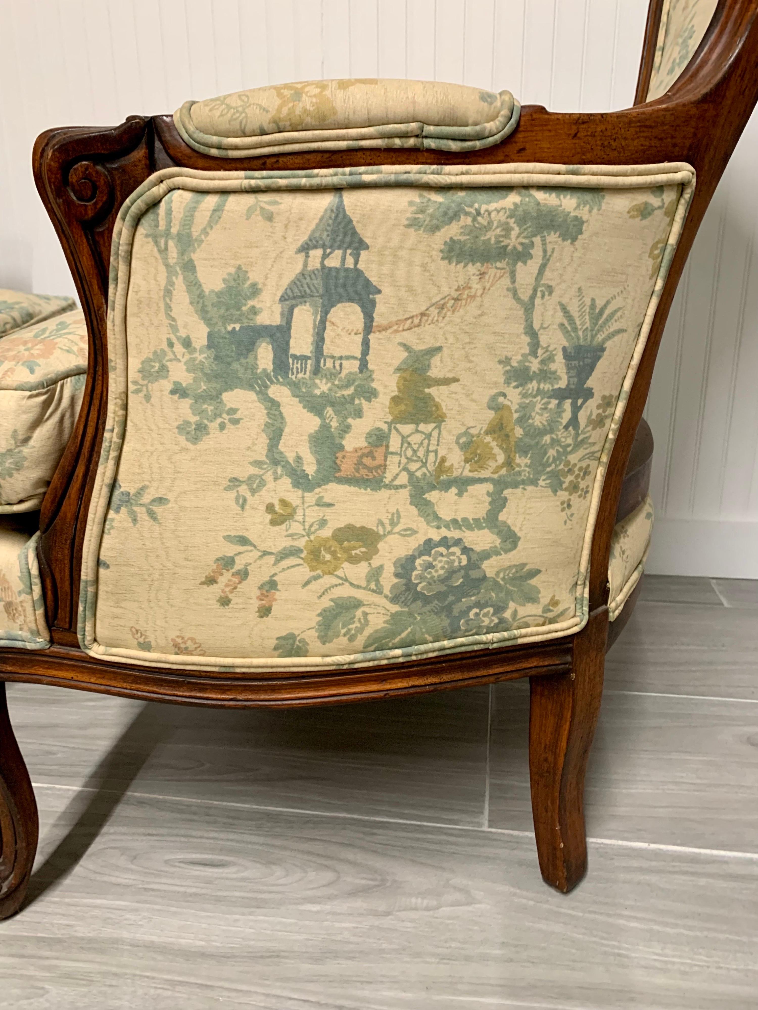 Louis XVI Antique French Carved Bergeres Arm Chairs with Chinoiserie Upholstery