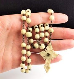 Antique French carved bone rosary bead necklace, Cross pendant, Stanhope