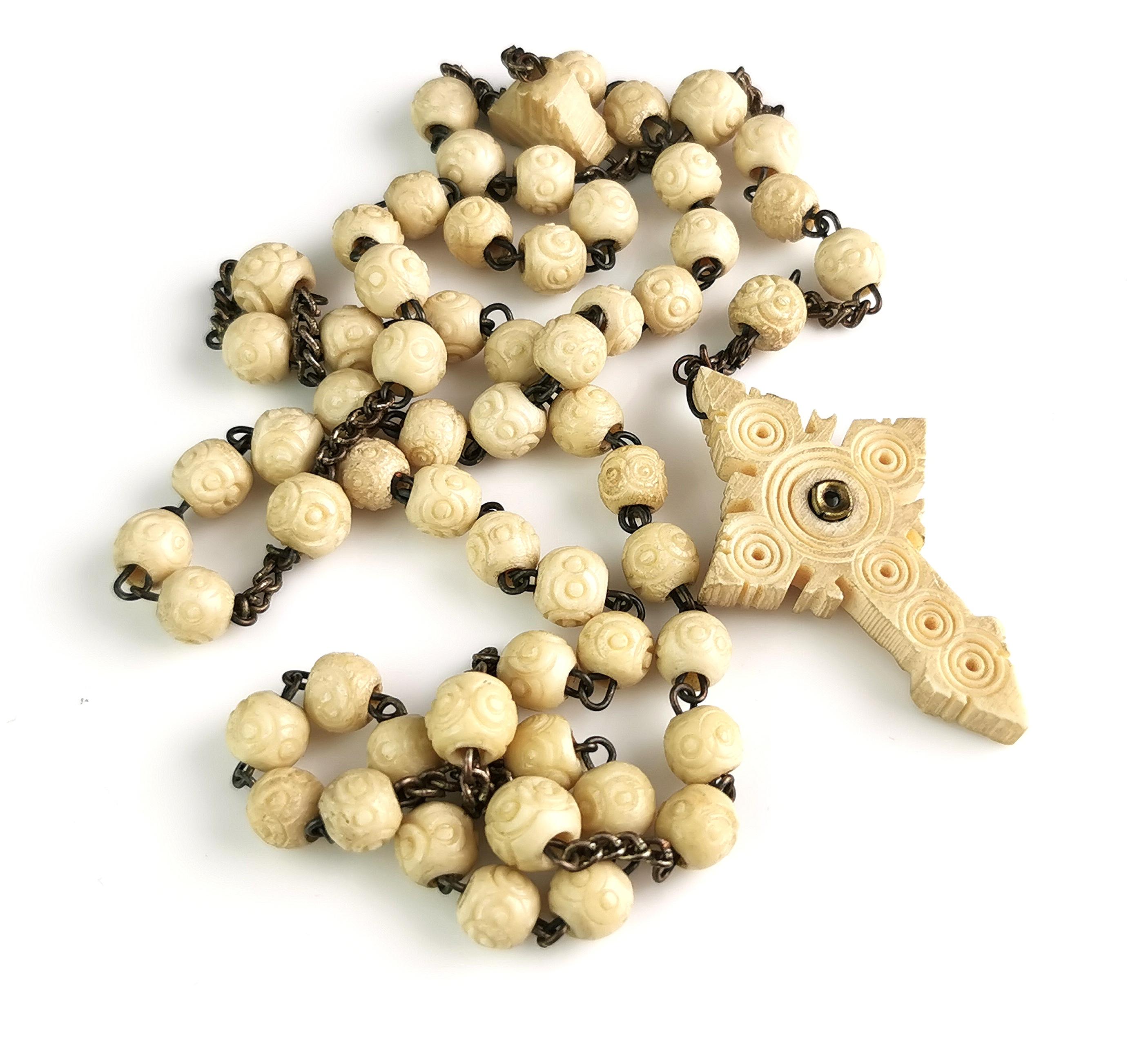 Antique French carved bone rosary bead necklace, Cross pendant, Stanhope  In Fair Condition In NEWARK, GB