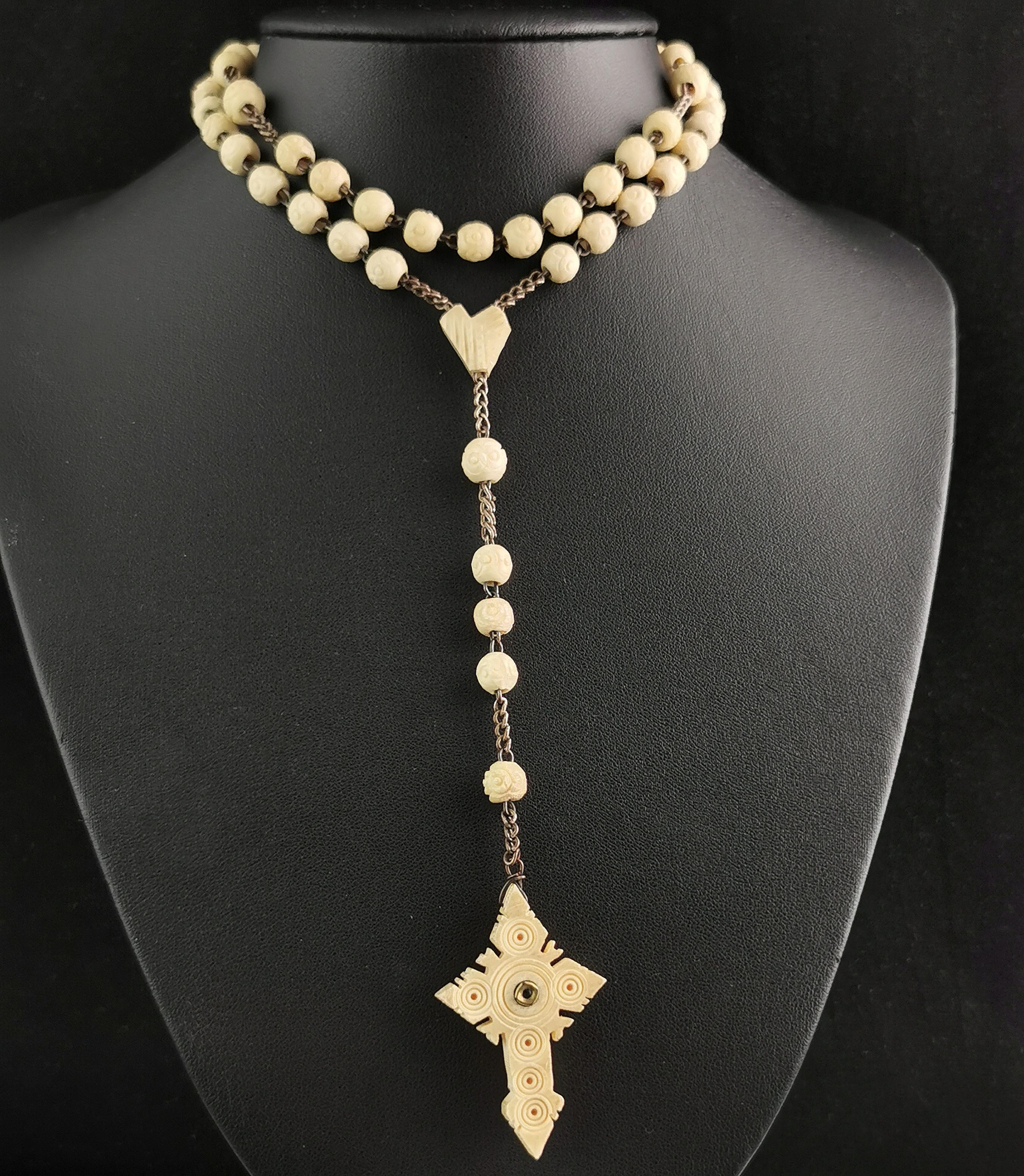 Women's Antique French carved bone rosary bead necklace, Cross pendant, Stanhope 