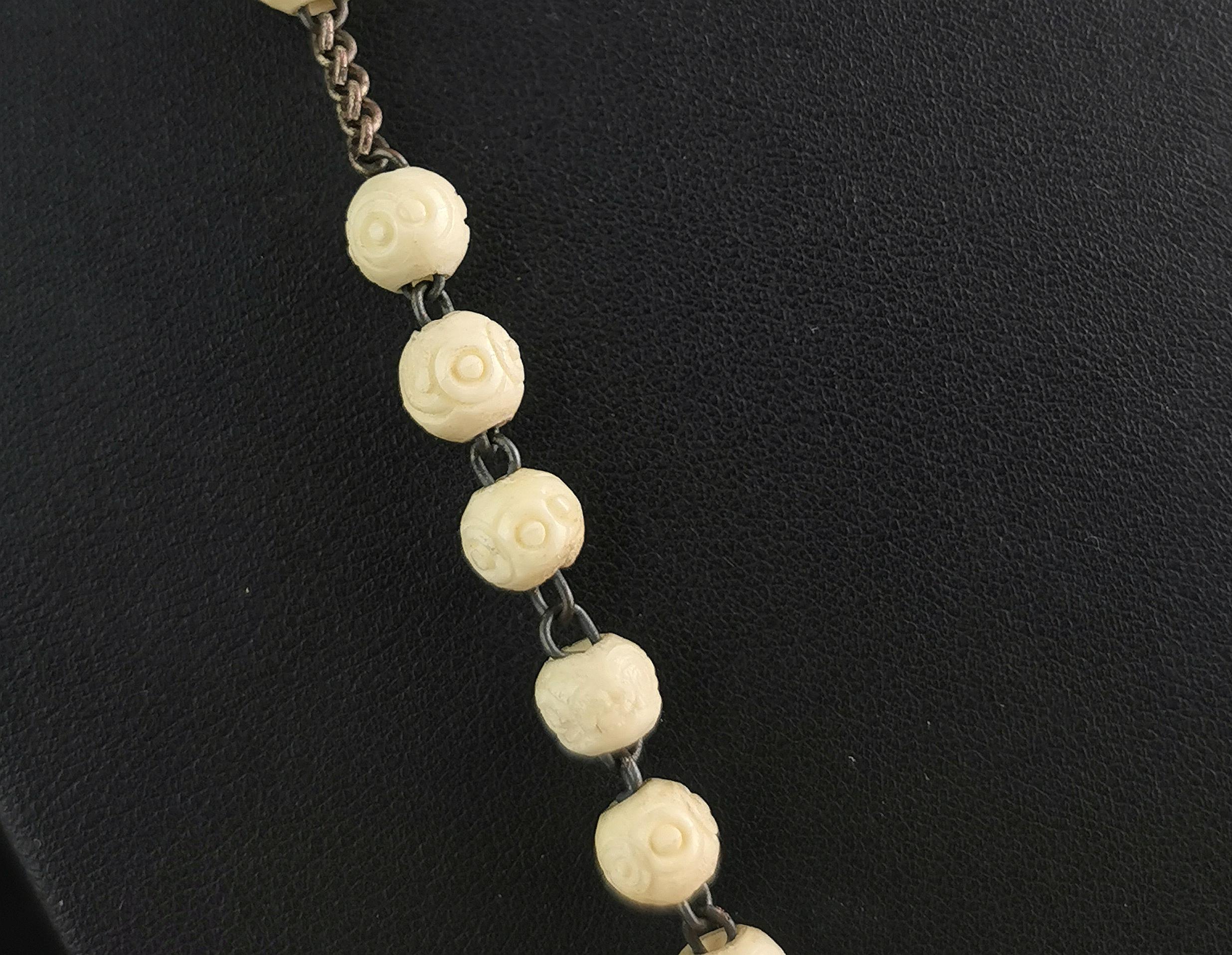 Antique French carved bone rosary bead necklace, Cross pendant, Stanhope  1