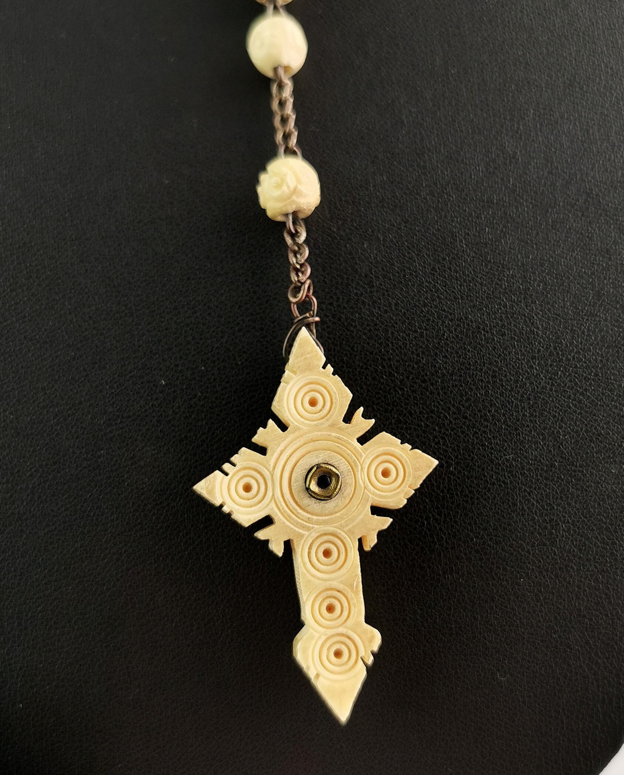 Antique French carved bone rosary bead necklace, Cross pendant, Stanhope  3